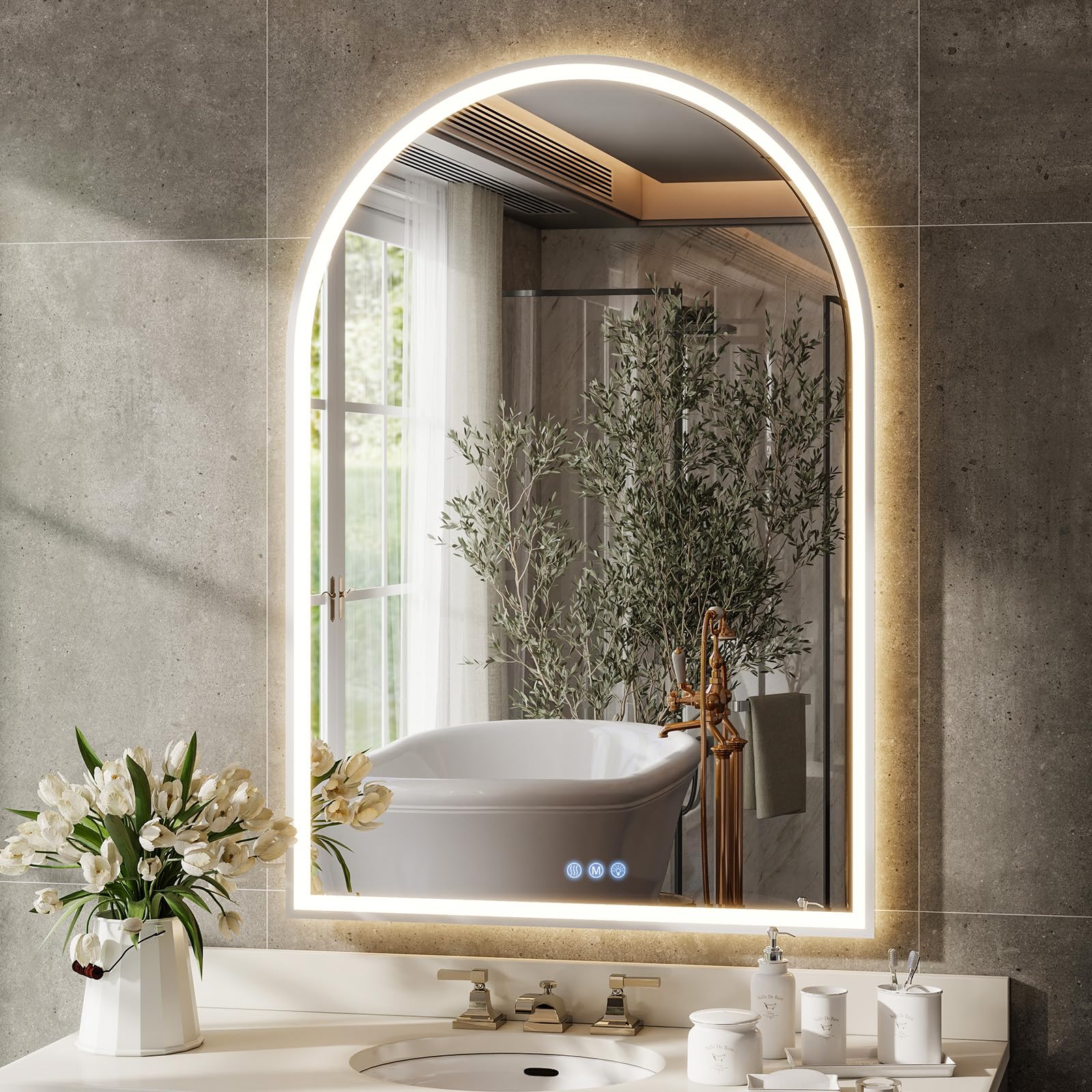 Koonmi Espejo de baño LED 100 x 75 cm, regulable, antivaho | Espejo de luz curvado con 3 colores de luz, función de memoria y cristal templado para baño y área de maquillaje