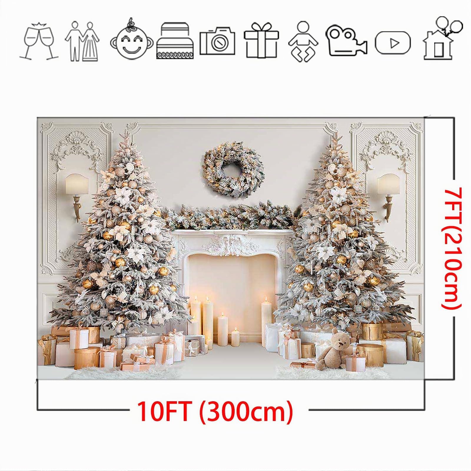Avezano Sfondo natalizio con caminetto bianco invernale con albero di Natale, decorazioni per feste di famiglia e accessori per cabina fotografica (3 x 2,1 m)
