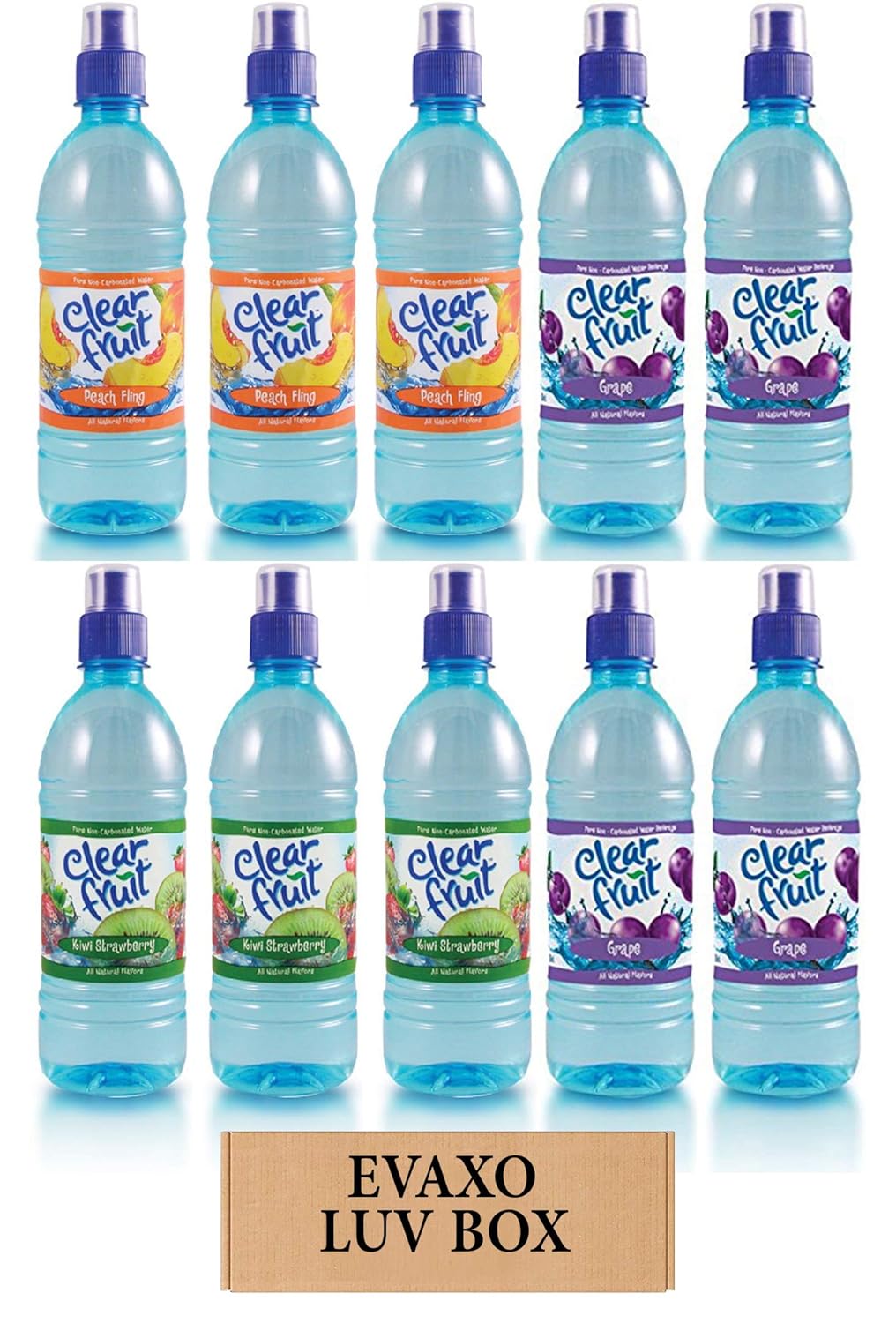 LUV BOX - Variety Clear Fruit Water Sport 16.9 Oz Bottles,Pack of 10,Kiwi Strawberry,Peach Fling,Grape by evaxo