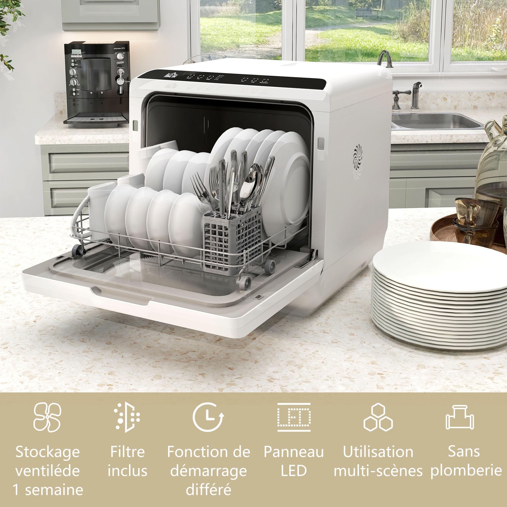 HOMCOM Mini lave-vaisselle 4 couverts, table 5 programmes, double alimentation eau, réservoir 6L, commande tactile, noir