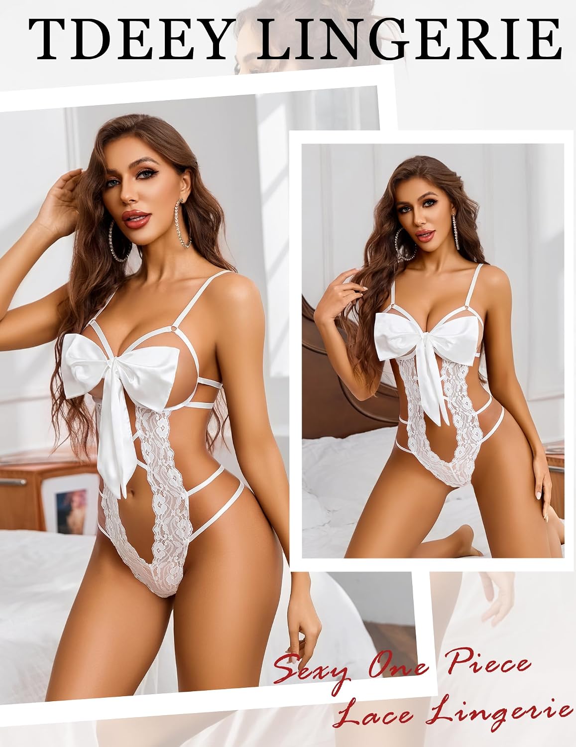 Avidlove Lingerie for Women Womens One Piece Lingerie Lace Teddy Bow Tie Bodysuit Smooth Ribbon Babydoll