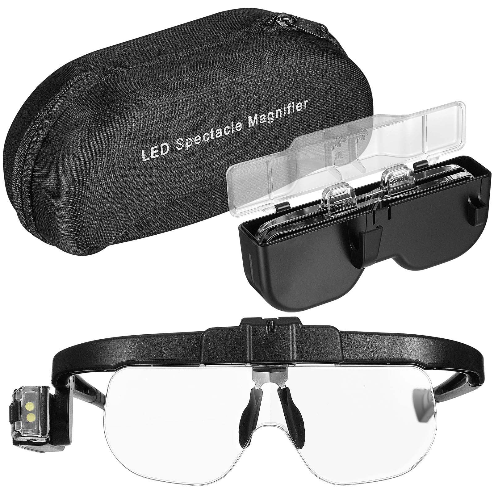 Gafas de Aumento con Luz LED Recargables USB Negras Abs Acrílico | Gafas con Luz LED y Aumento, Diseño de Gafas Lupa Manos Libres, Cable USB Incluido
