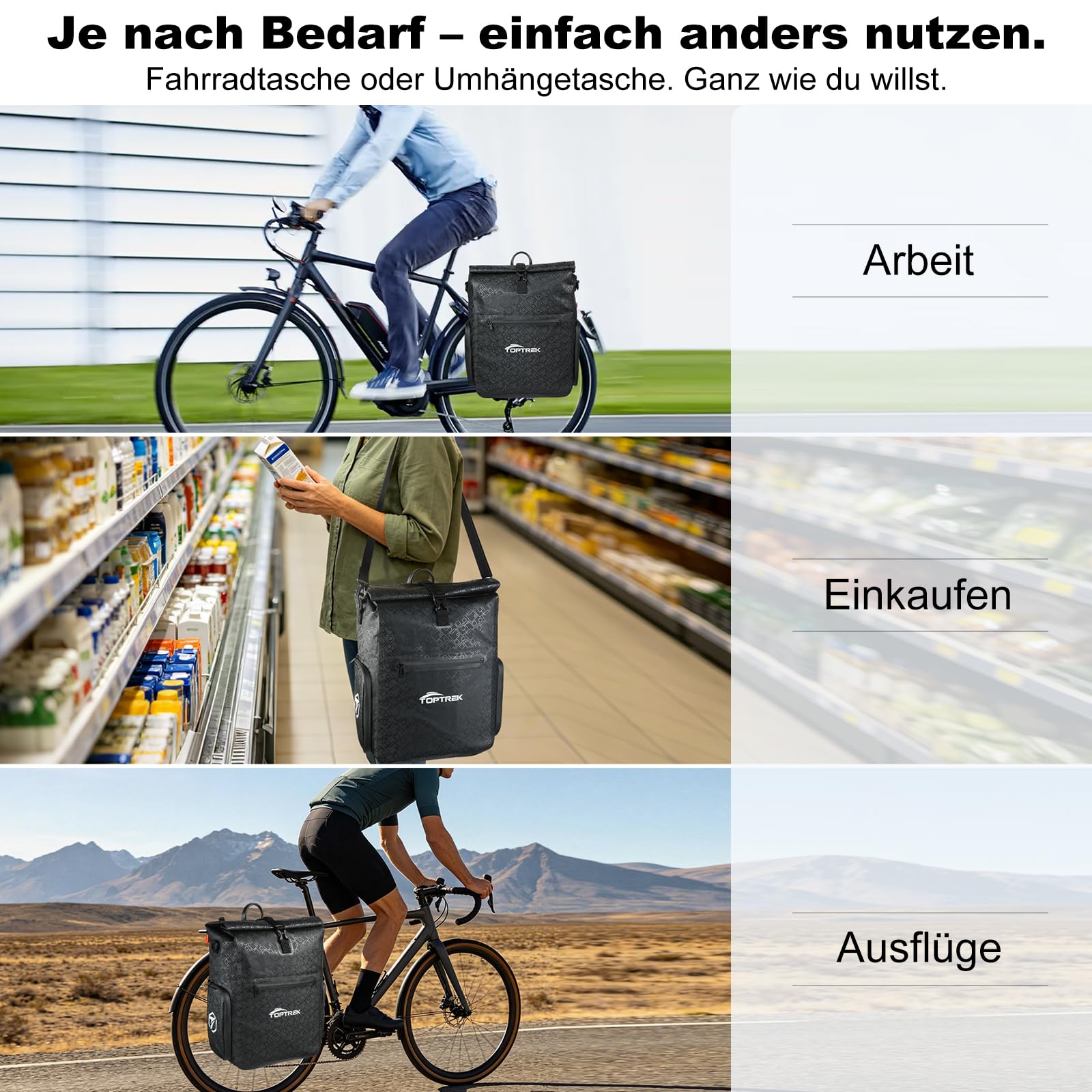 toptrek Borsa da bicicletta per portapacchi con scomparto esterno, 25 l, impermeabile | Borsa per portapacchi con tasche interne rimovibili, richiudibile, con maniglia e tracolla