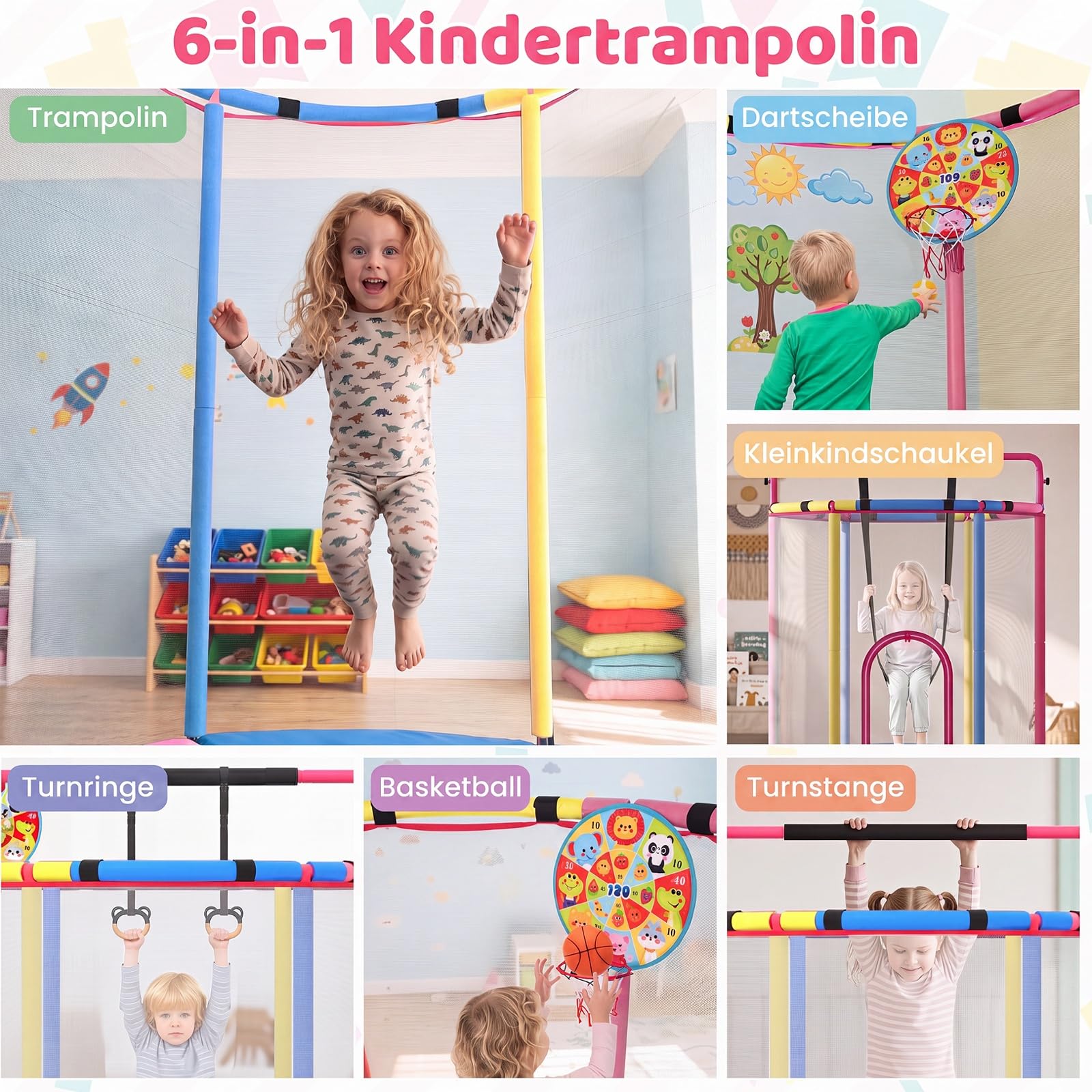 COSTWAY 6 in 1 Kindertrampolin mit Sicherheitsnetz | Trampolin Kinder mit Schaukel, Basketballkorb, Turnstange, Dartscheibe & Barren, Gartentrampolin für Indoor & Outdoor