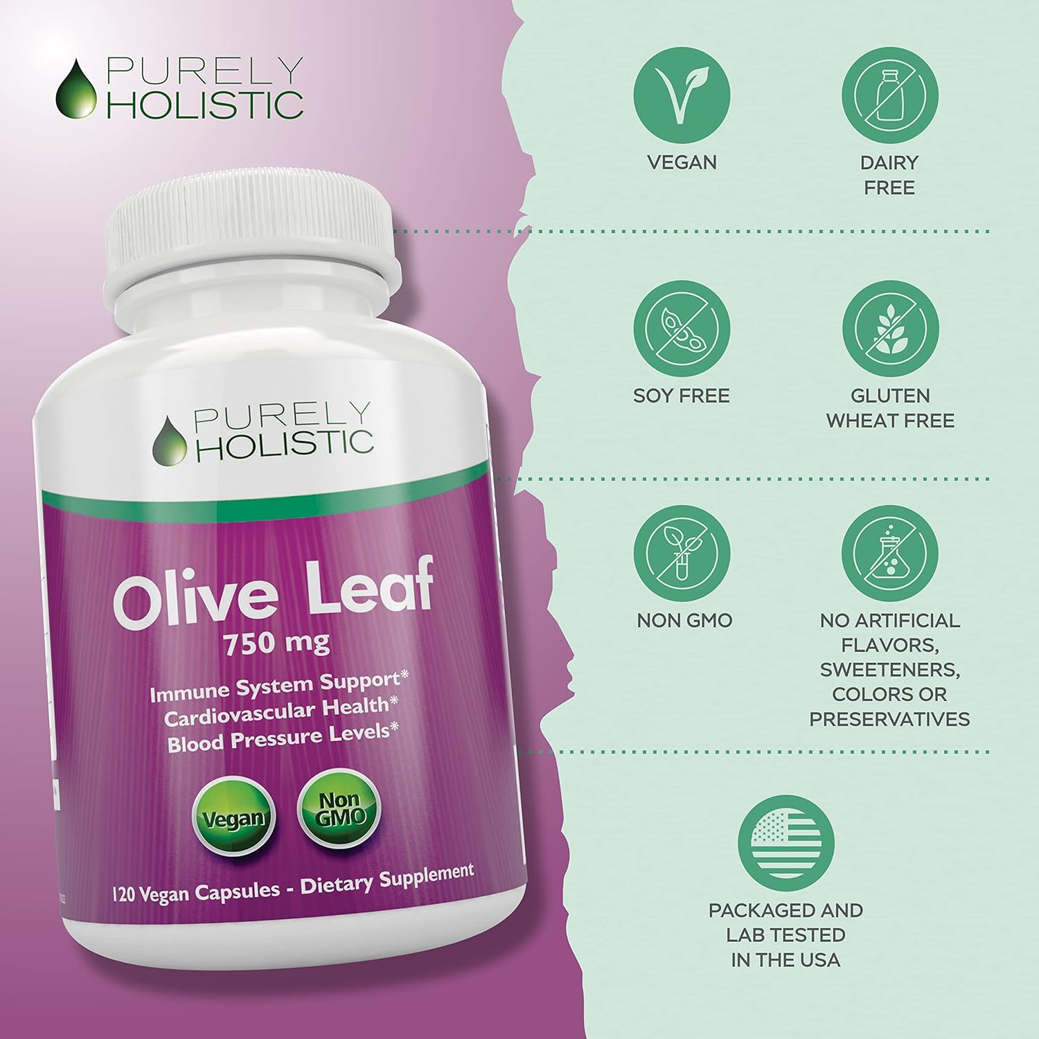 Purely Holistic Olive Leaf Extract 750mg + Resveratrol Complex 1450mg - 300 Vegan Capsules - Made in The USA