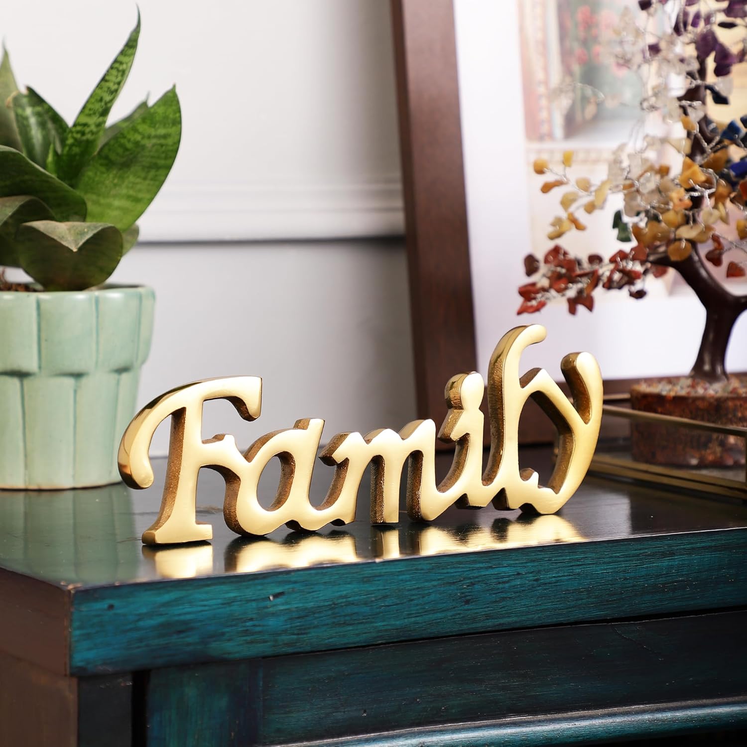 PURESTORY Words Family Sign Decor | Decorative items For Living Room | Home Decor Bedroom | Metal Word Sign Board Centerpiece | Cutout Family Sign | Home Decoration For Room, Kitchen-Gold