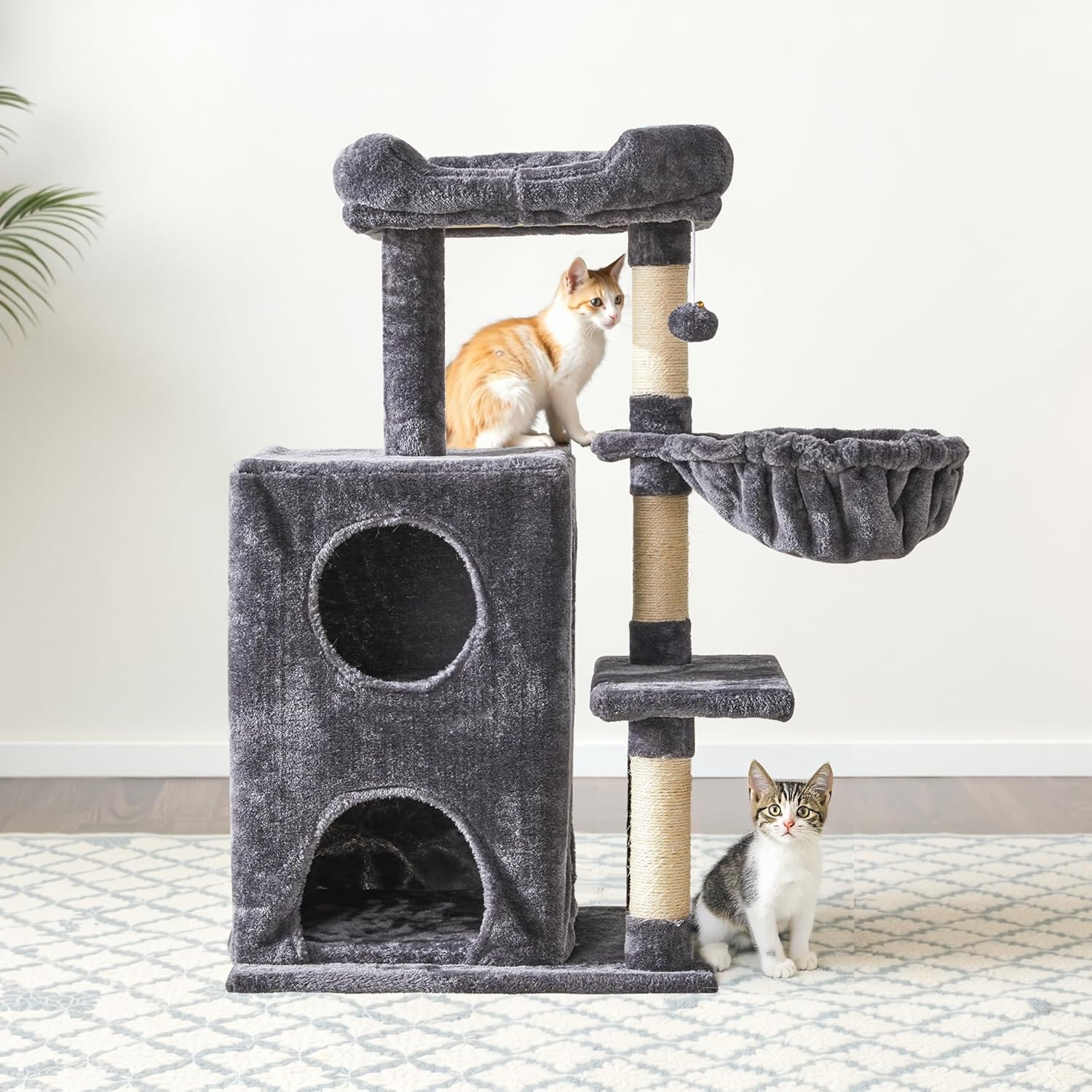 Medium Cat Tree with Scratching Posts, Cat Bed, Hammocks & Condos – Multi-Level Cat Tower for Playful Cats, 36" Modern Jungle Gym, Dark Grey