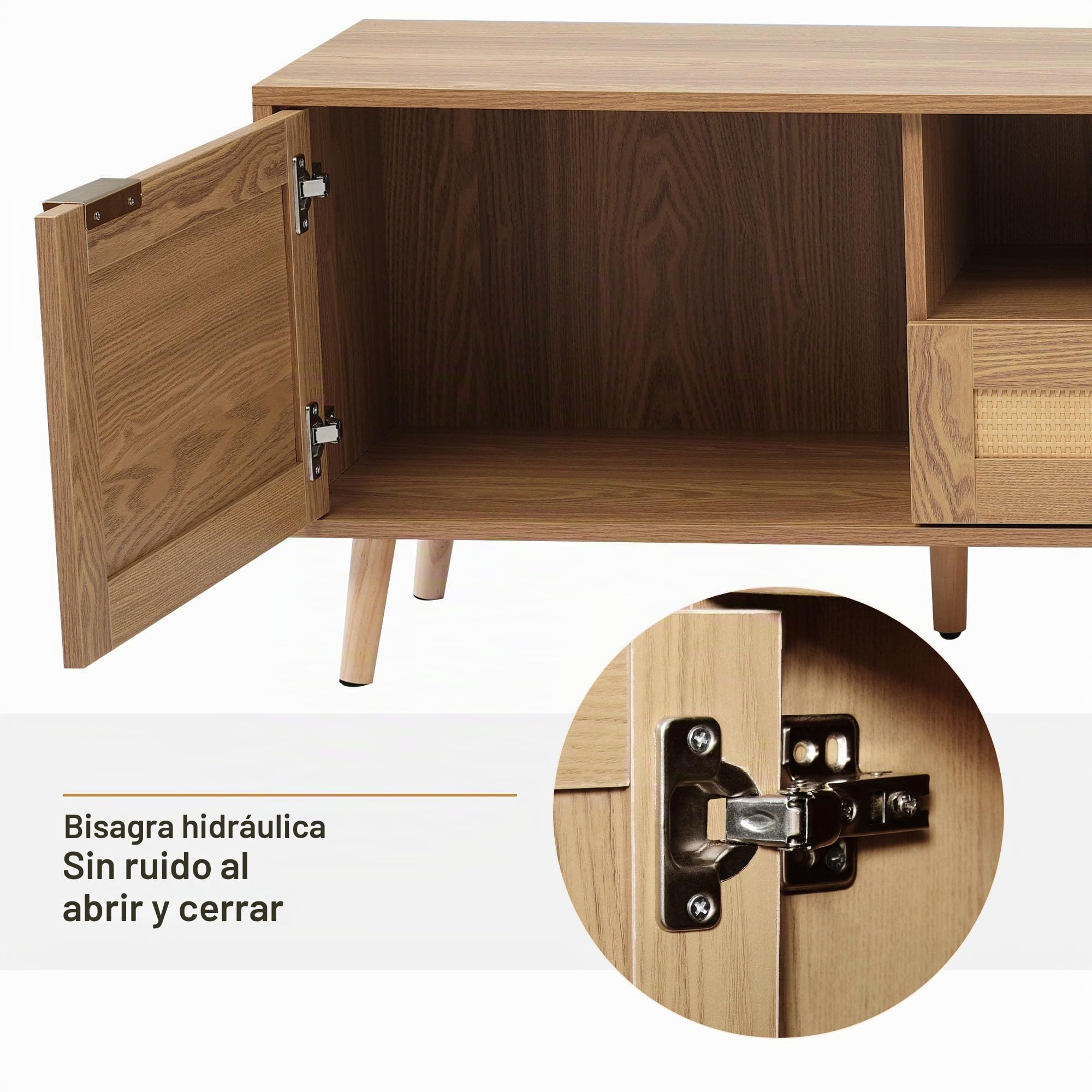 Azkoeesy Mueble para TV de 200 cm de largo, de ratán, con patas de madera maciza y asa, 2 cajones y 2 puertas, color roble