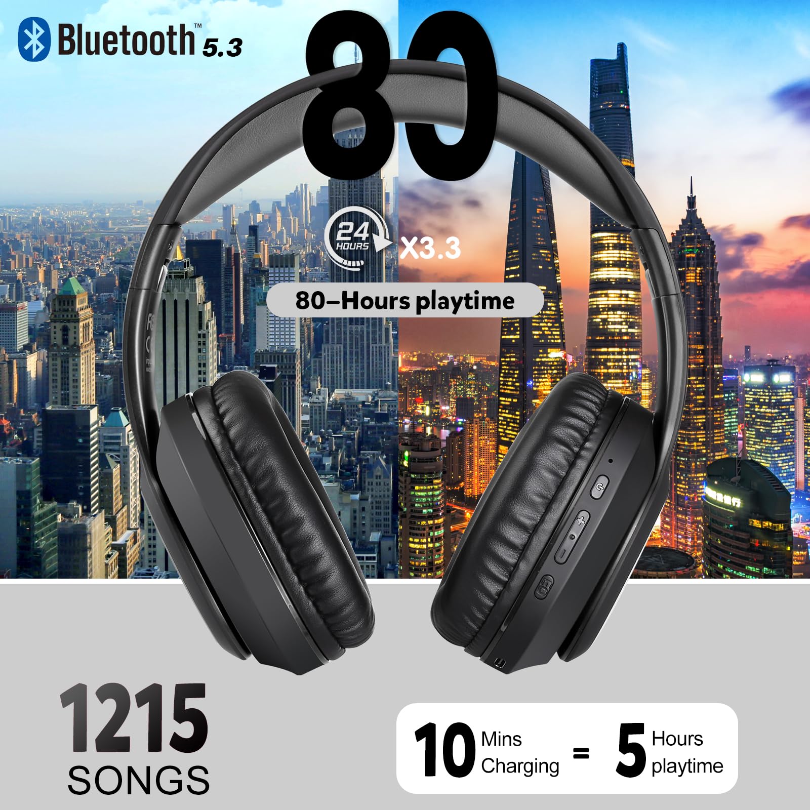 WorWoder Cuffietta senza fili da 80 ore, Bluetooth 5.0 wireless e cablata, audio stereo HiFi con microfono, cuffie leggere con bassi profondi per lavoro, viaggi di classe online (nero)