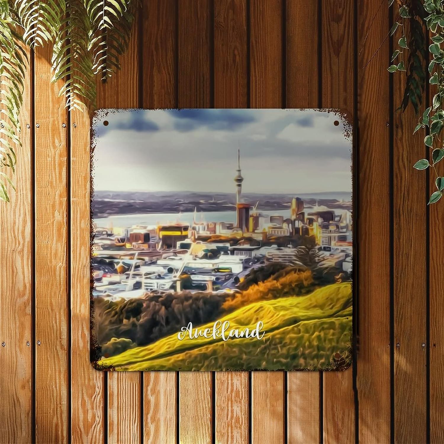 Retro Metal Tin Sign New Zealand Sky Tower Auckland Cityscape Signs Popular Country City Souvenir Wall Art Rustic Wall Decor for Bedroom Kitchen Cafe Bar Office Garage 10x10 inch image 3