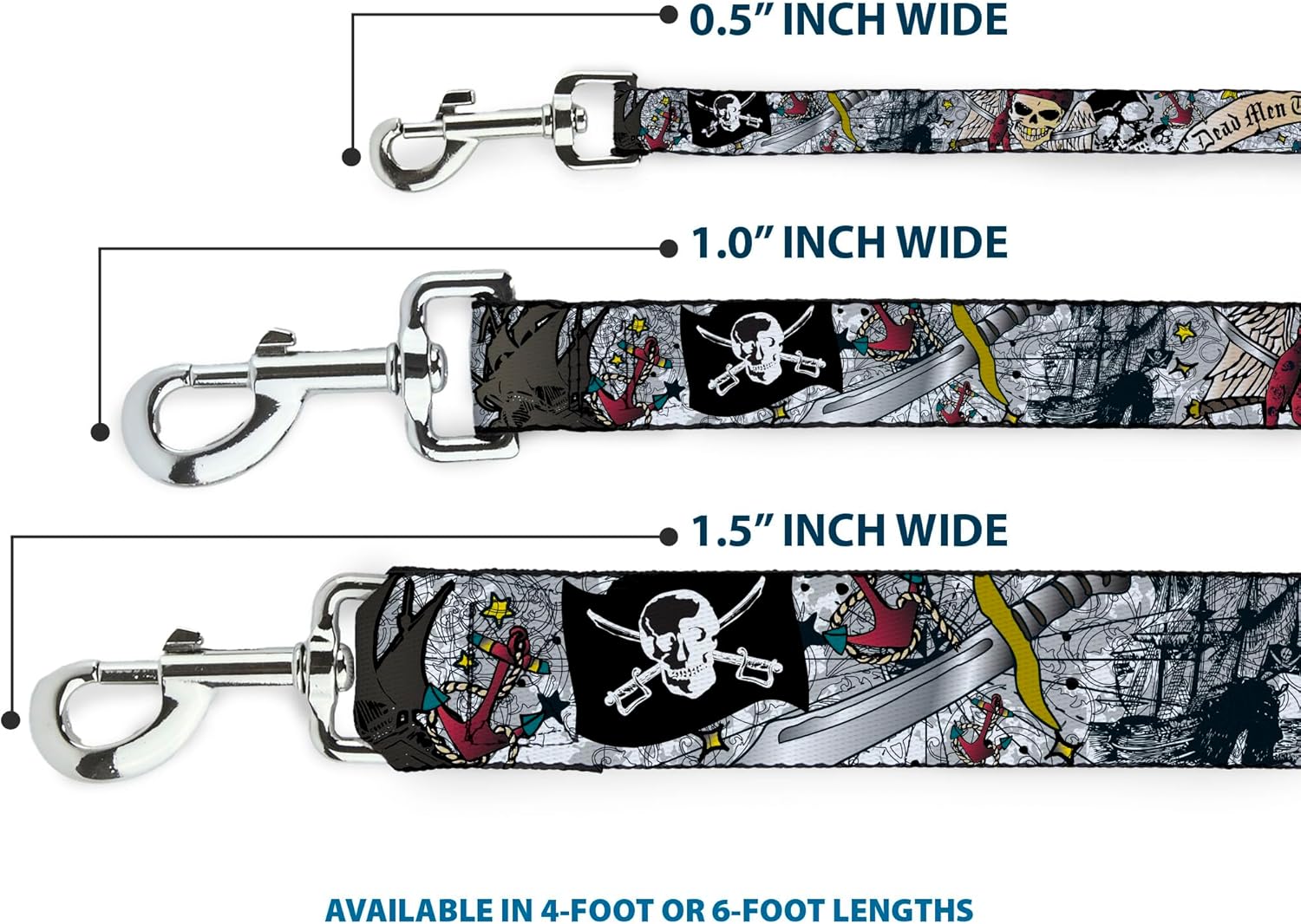 Dog Leash Dead Men Tell No Tales Close Up White 4 Feet Long 1.5 Inch Wide