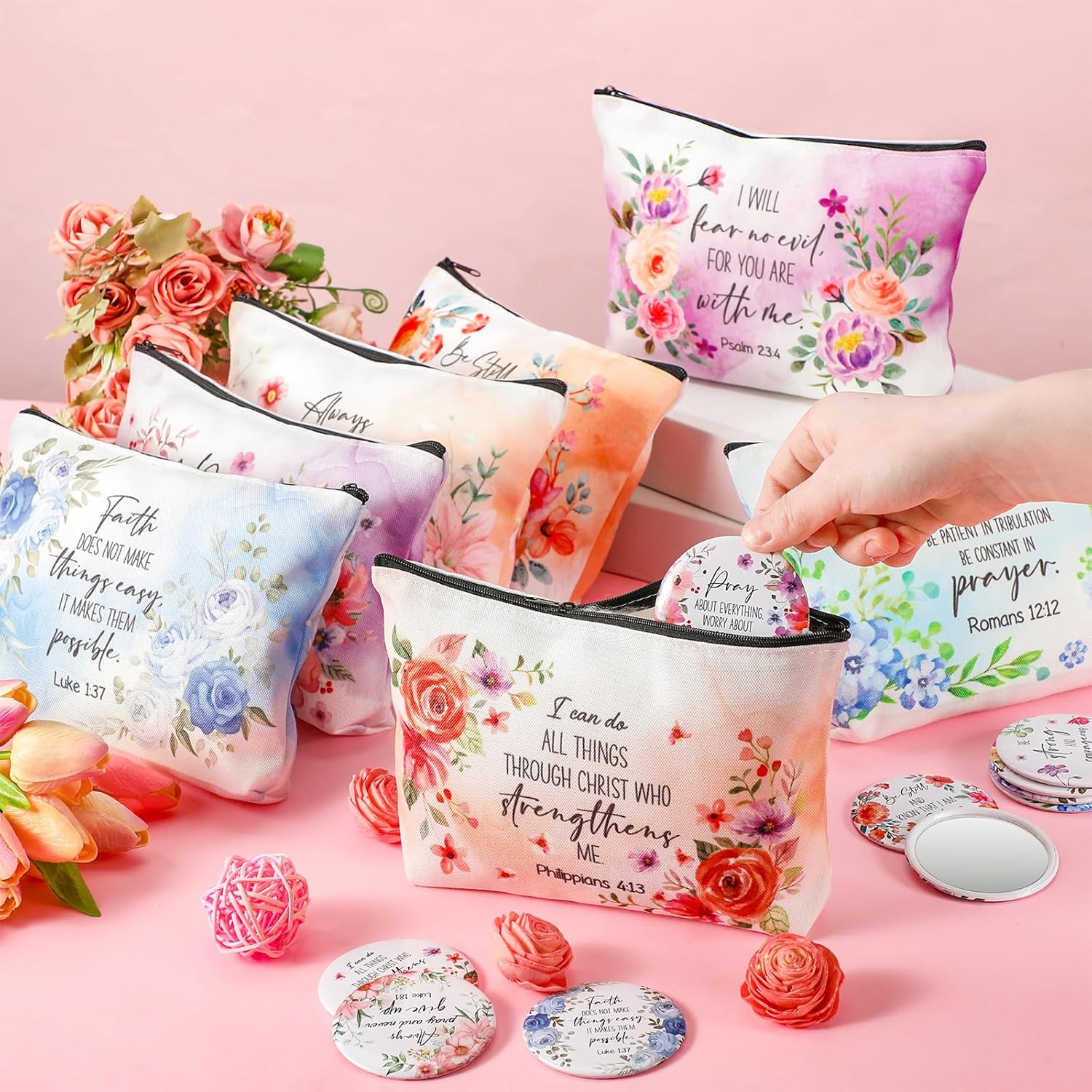 Meanplan 10 Pcs Christian Gifts for Women Christian Makeup Bag Inspirational Religious Canvas Makeup Bag Floral Bible Verse Pencil Pouch Cosmetic Bags for Women Return Christmas Church Prizes Gifts - Image 6