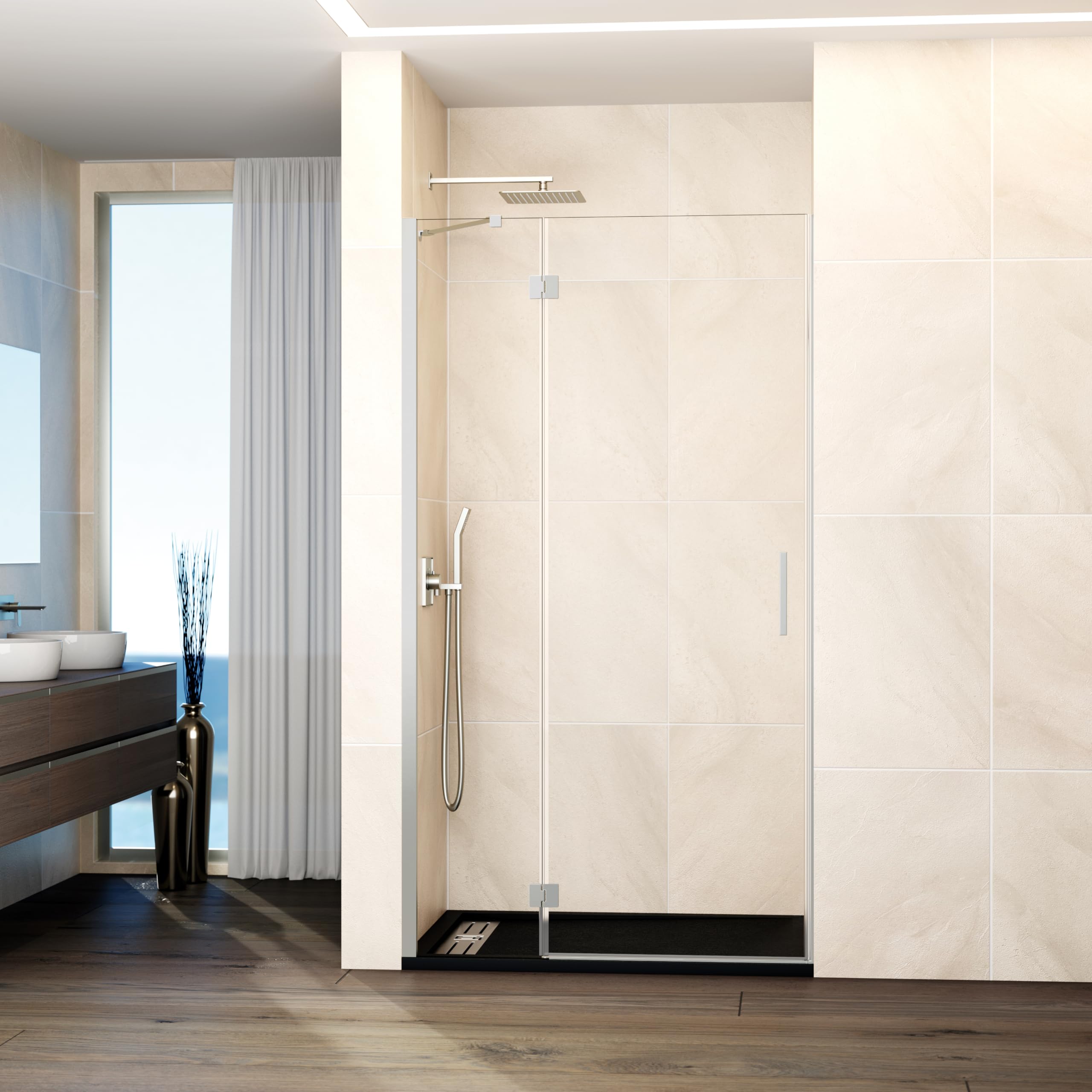 GME - Mampara Ducha Frontal 1 Puerta Fija + 1 Corredera 90cm Níquel | Mampara de Cristal con Perfilería de Aluminio y 195cm de Altura | Cristal Templado 6mm Antical Y Cierre Magnético