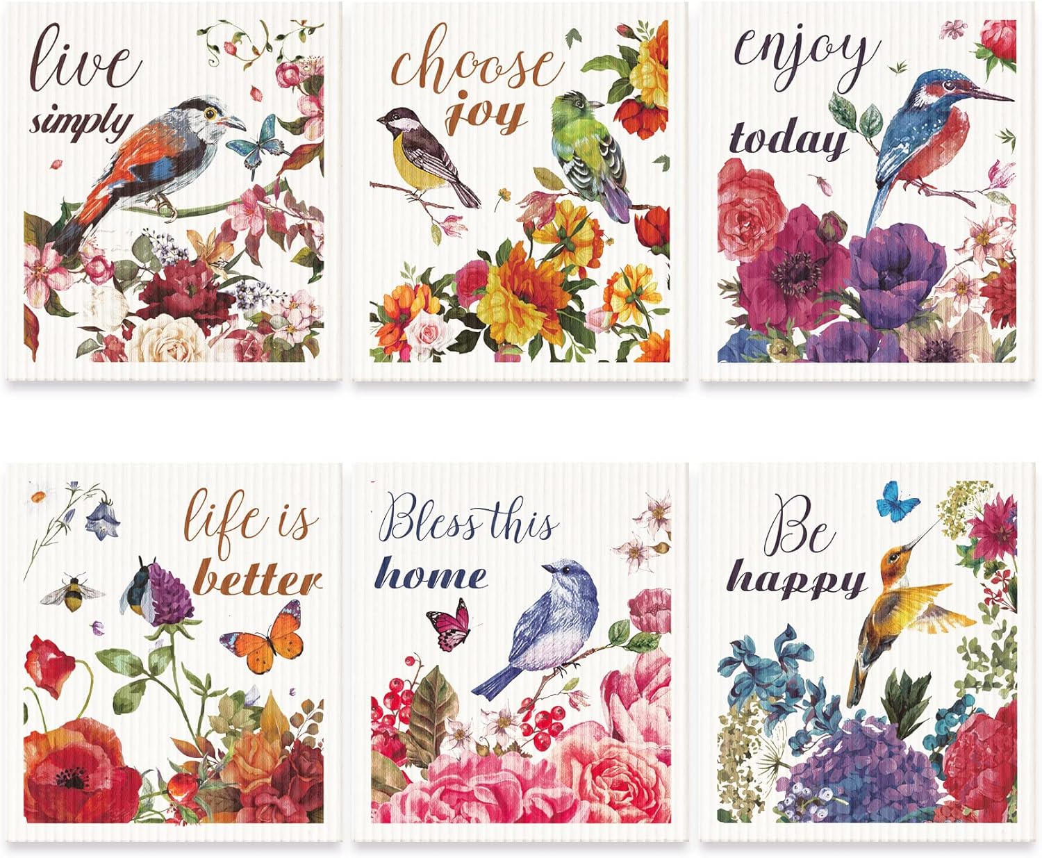6 Pcs Swedish Kitchen Dish Cloths Kitchen Towels Reusable Sponge Cleaning Cloths Wipes Absorbent Dish Cloth Quick Drying Washable Decorative Tea Towels No Odor Bar Hand Towel (Birds and Words)