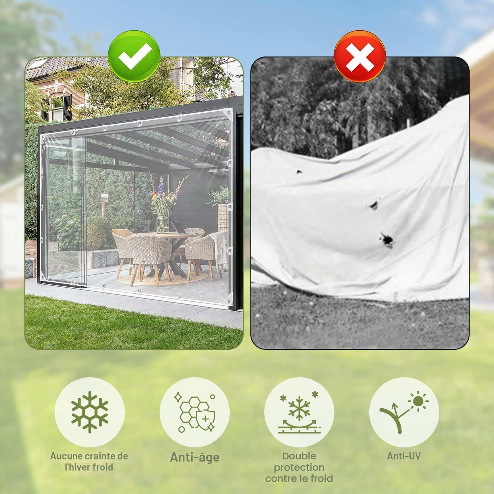 Bâche Transparente avec œillets, en PVC, 420 g/m², avec 20 Serre-câbles, 10 m de Corde de Fixation, 12 Bandes élastiques avec Boules, 8 Crochets élastiques (2 m x 3 m, Crochets)