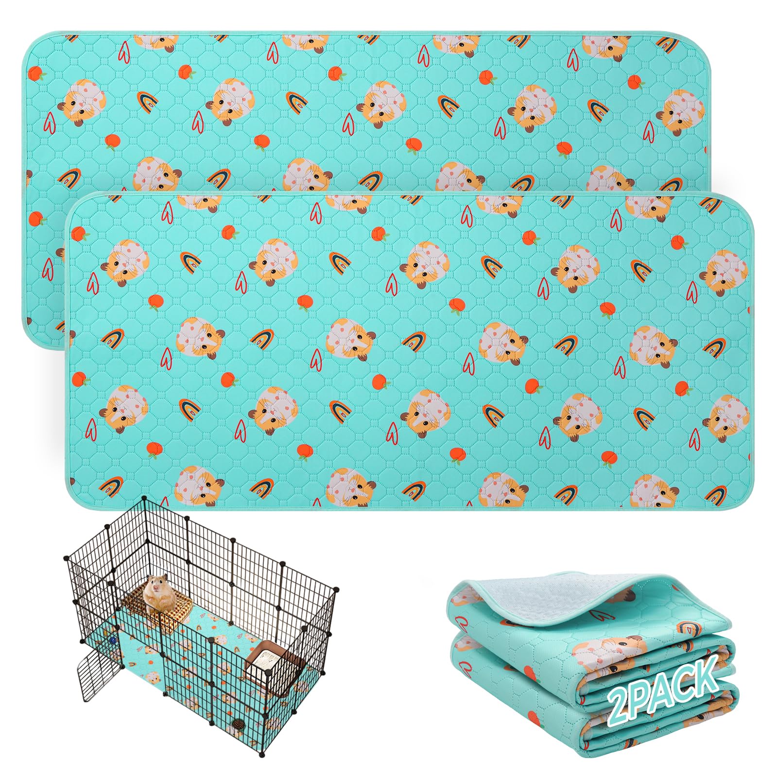 PAWCHIE 2 Pack Guinea Pig Cage Liners, Washable Small Animal Bedding,Waterproof Reusable Anti Slip Guinea Pig Pee Pad Fast and Super Absorbent Mat for Small Animal Rabbit Bunny Hamster, Blue 24"x47"
