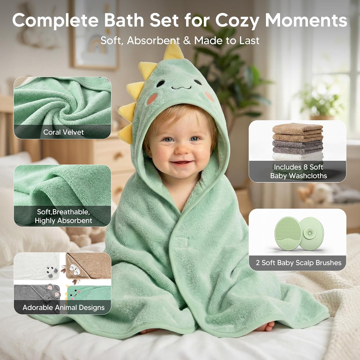 14-Piece Baby Bath Towels Set with 4 PCS Hooded Baby Towels, 8 PCS Washcloths & 2PCS Bath Brush for Infants & Toddlers, Ultra Absorbent Newborn Bath Essentials Gift for Boys & Girls
