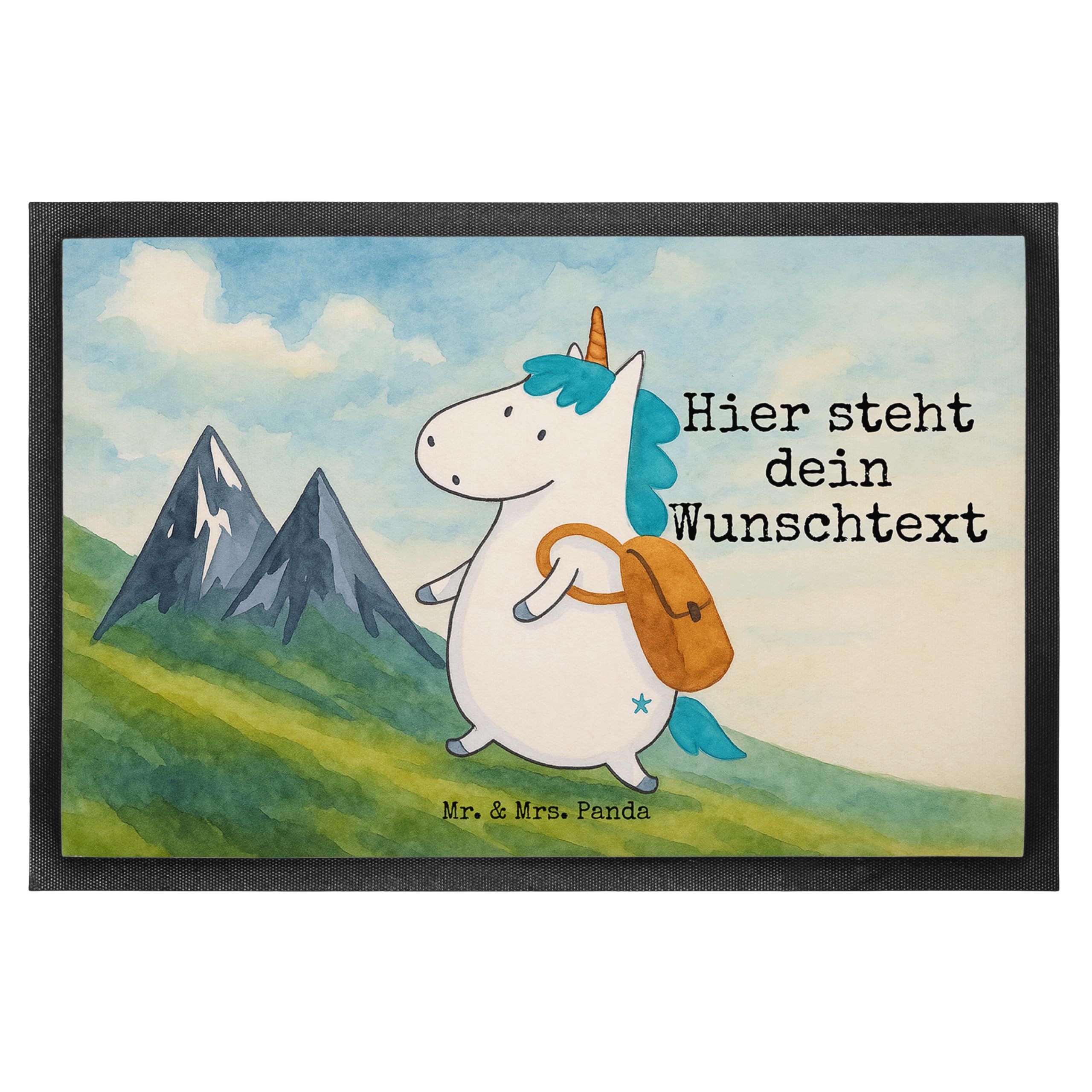 Mr. & Mrs. Panda Fussmatte personalisiert Einhorn Bergsteiger Design 40 x 60 cm - Geschenk, Personalisierter Fußabtreter, Fußmatte personalisierbar, Urlaub, Berge, Personalisierte, Unicorn, Einhörner