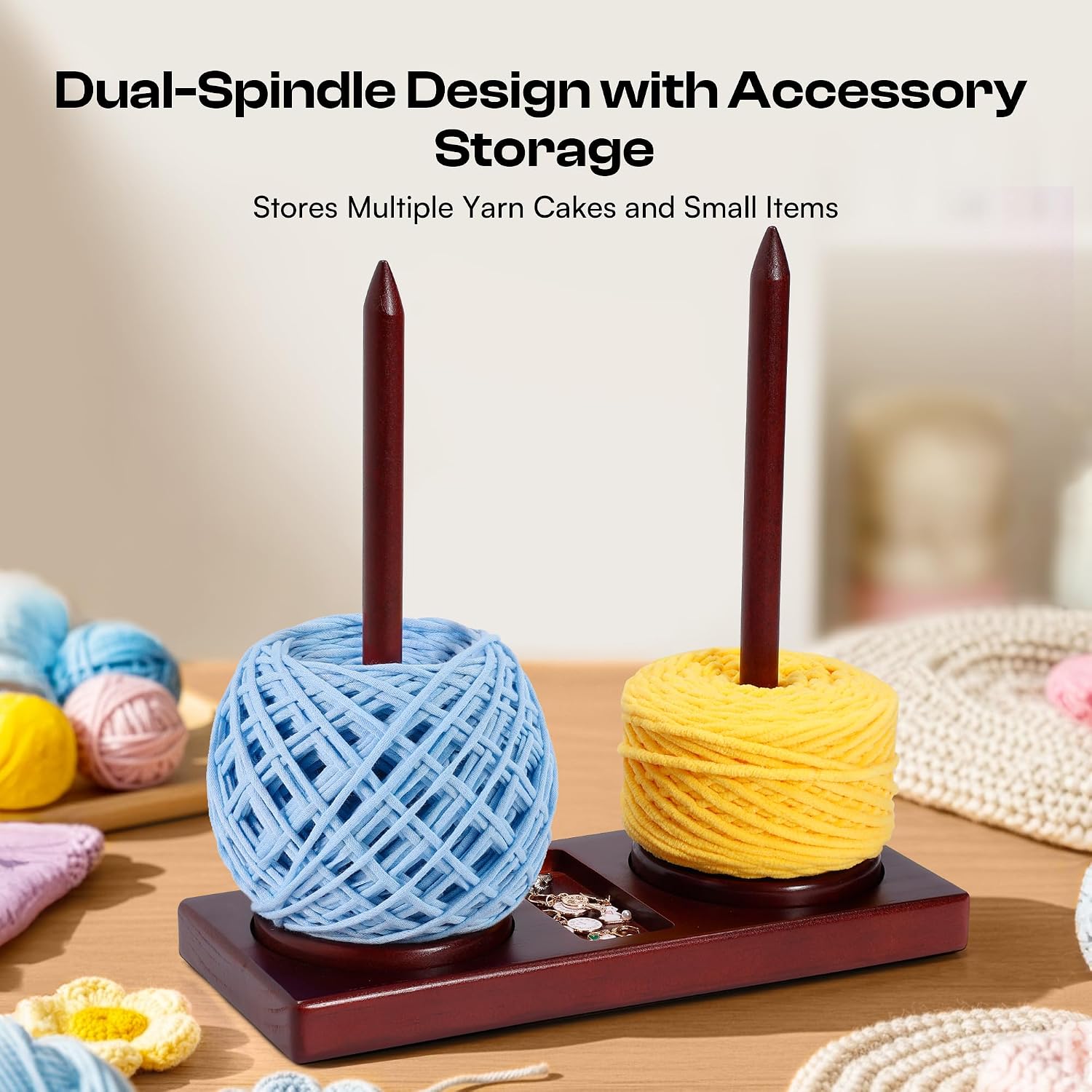 Caydo Yarn Holder for Crocheting and Knitting, Wooden Yarn Spinner