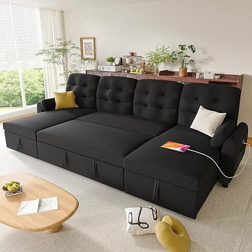 Ucloveria Sleeper Sofa Bed, 112" U-Shaped Sectional Sofa Couches for Living Room, Pull Out Couch Bed with Dual Reversible Storage Chaise | USB Ports | Side Pockets | Removable Backrest
