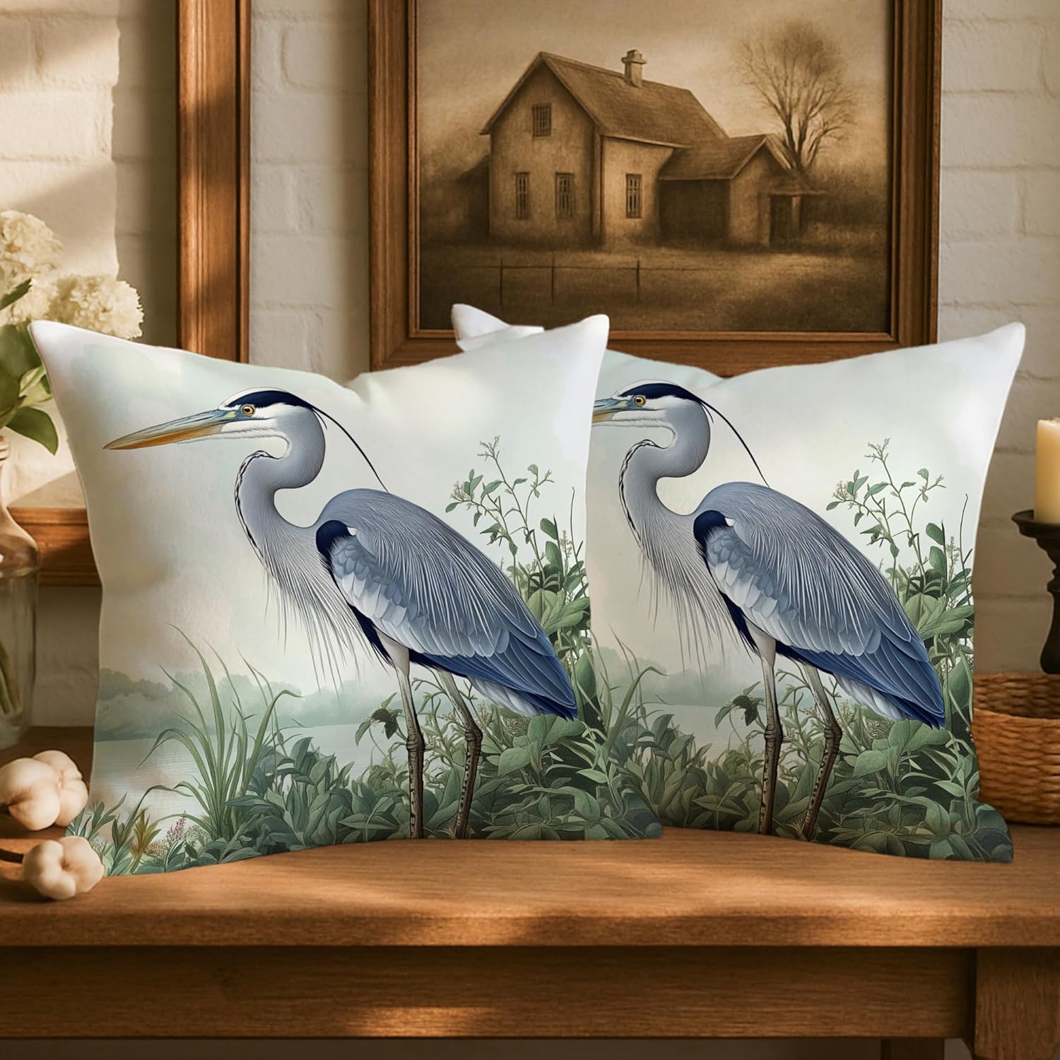 Blue Heron Pillow Covers Set of 2, Decorative Bird Print Throw Pillows, Nature Inspired Indoor Outdoor Farmhouse Cushion Covers for Living Room Sofa Bed Couch 24x24 Inch