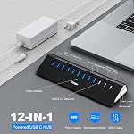 Alimenté USB Le centre, Intpw 12 Port USB C Hub avec 10Gbps USB C 3.2, 2 USB A 3.2, 7 USB 3.0, 2 PD 45W Ports chargés, 65W Adaptateur de puissance et 3.3FT Câble en aluminium USB Hub pour Ordinateur portable, iPhone16/15, PC