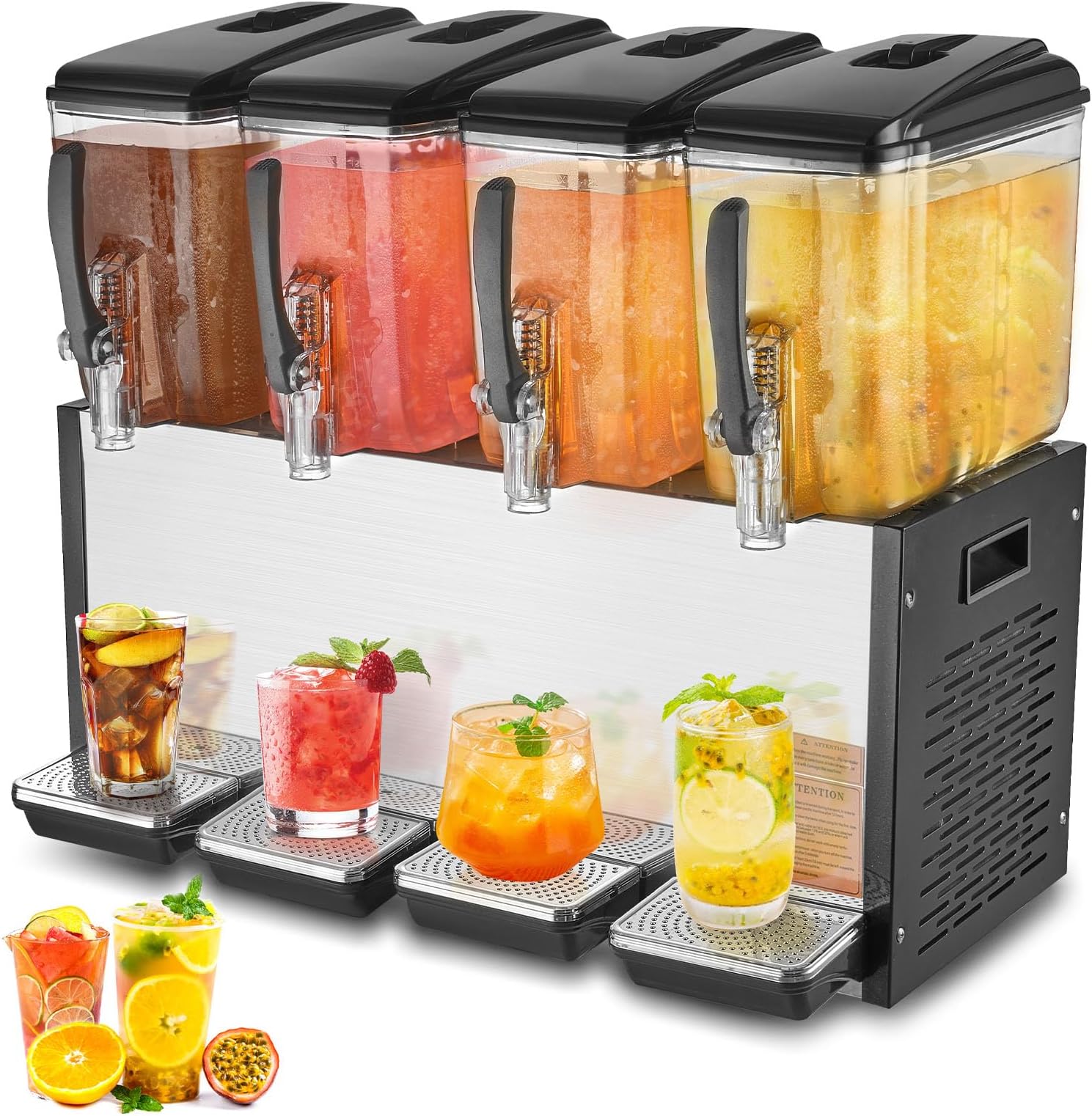 Commercial Beverage Dispenser, 4 Tanks 12 L / 12.7 QT Per Tank Juice Dispenser, 510W Stainless Steel Ice Tea Drink Machine with 45°F-54°F Cooling Temperature, for Cold Drink Restaurant Bar Party