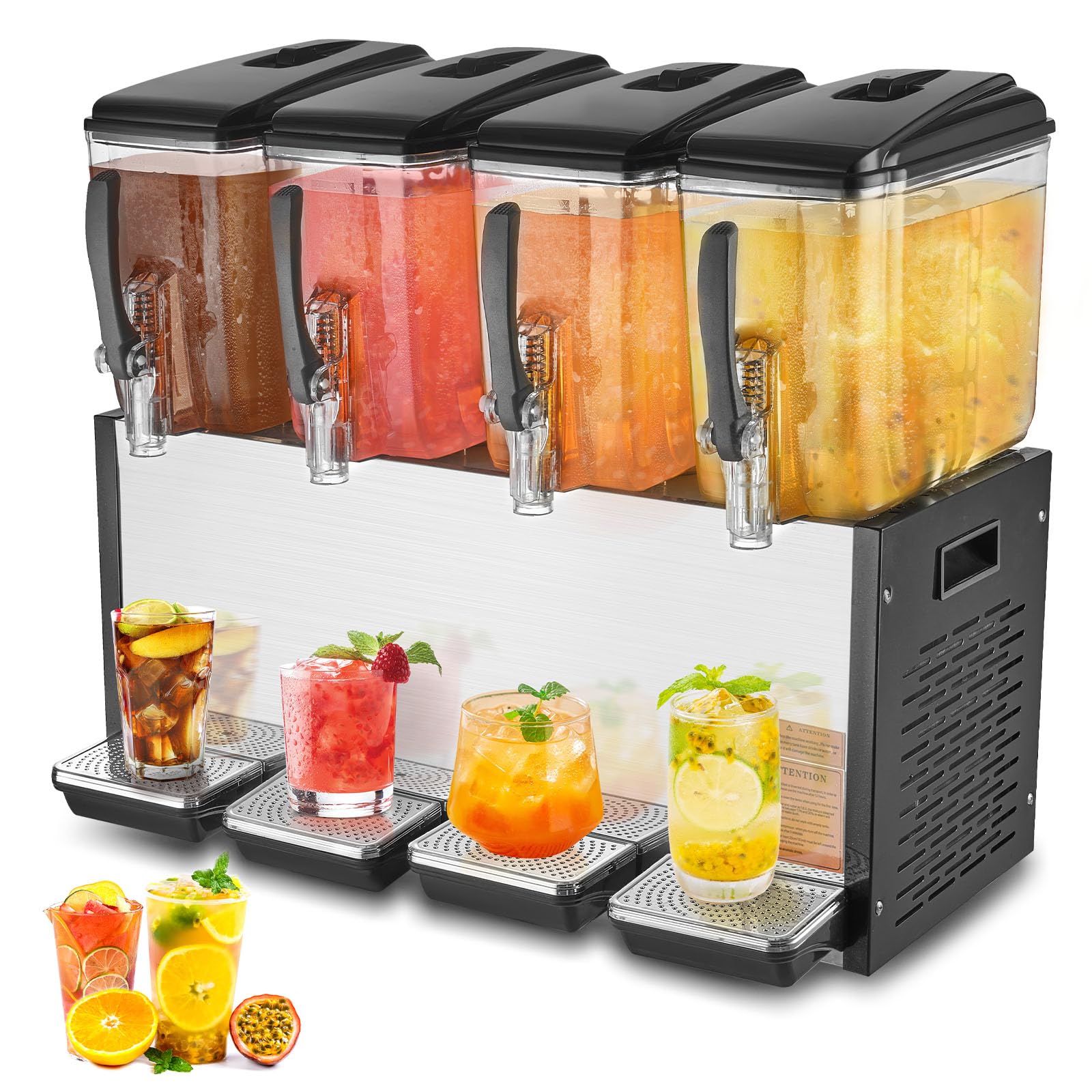 VEVOR Commercial Beverage Dispenser, 4 Tanks 12 L / 12.7 QT Per Tank Juice Dispenser, 510W Stainless Steel Ice Tea Drink Machine with 45°F-54°F Cooling Temperature, for Cold Drink Restaurant Bar Party
