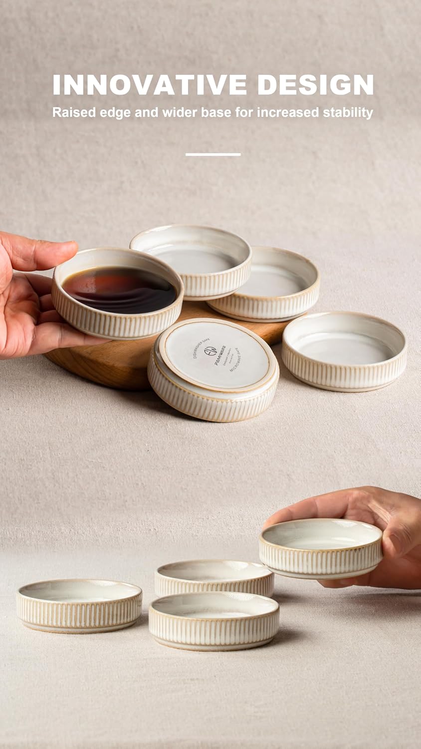 Famiware Dinnerware Set for 4 (12 Piece) and 4oz Dipping Bowl Set (6 Piece) - Star Stoneware Dishes - Cappuccino White