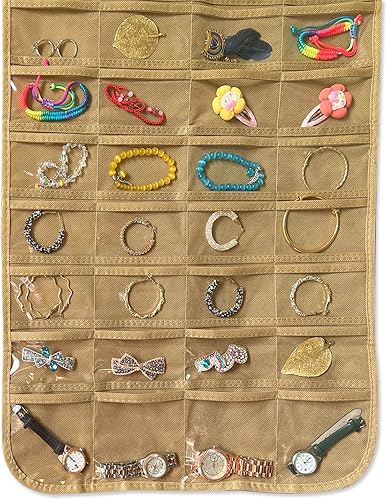 Miniatura 91 de BB Brotrade Organizador colgante de joyas, organizador de accesorios, organizador de 56 bolsillos para guardar joyas (Beige-56 bolsillos)