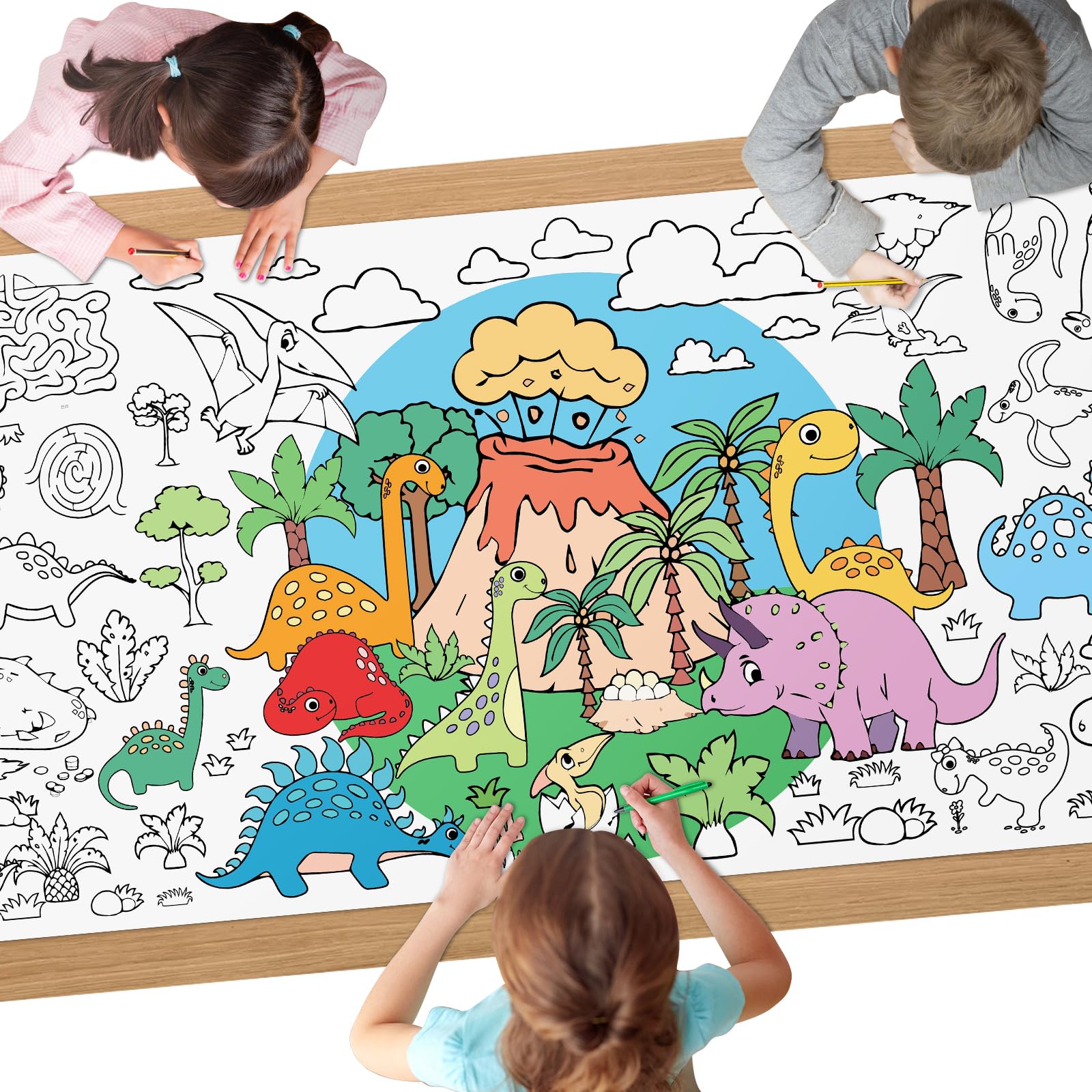 AYESY Dinosaur Colouring Tablecloth, 72 x 30 inch Giant Colouring Poster Table Cloth, DIY Party Tablecloth, Craft Doodle Art