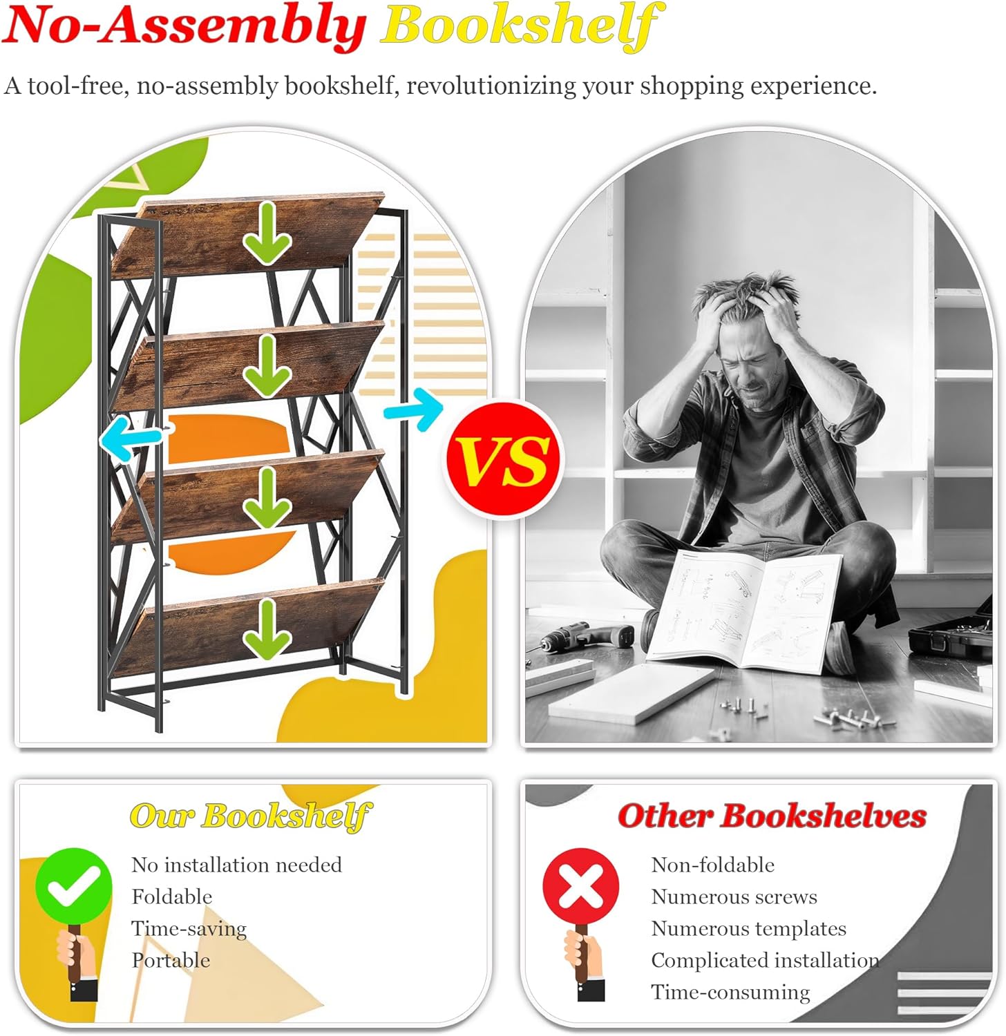 UDD No Assembly Wide Folding Bookshelf, 50.8" H x 30.9" W, 4 Tier Foldable Book Shelf Industrial Bookcase, Vintage Collapsible Storage Shelves for Home Office Living Room Bedroom, Rustic Brown Black