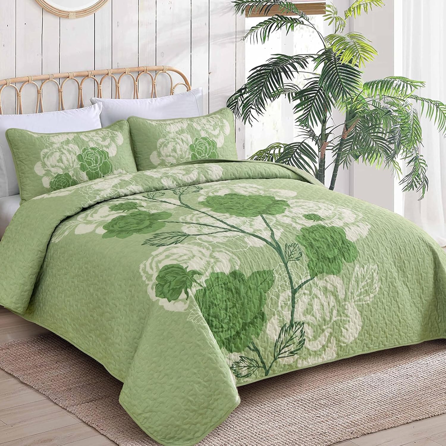 Anibedding Floral Quilt Set King Size, Sage Green Floral Printed Bedspread Coverlet 3 Pieces Soft Microfiber Bedding Set with 2 Pillowcases for All Season(104"×90") - Image 2