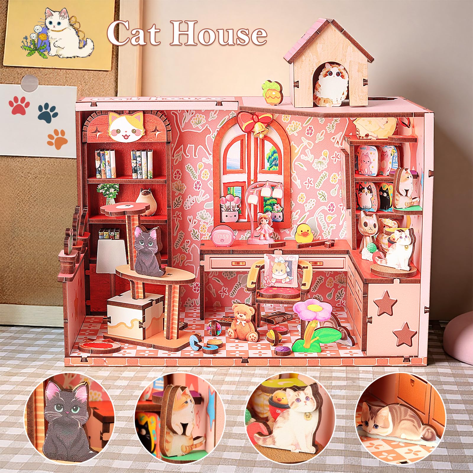 Cuteefun Maison Miniature DIY Kit, Maison Poupee Bois avec LED, Construction à Tenons et Mortaises, Facile à Assembler, Cadeaux d'anniversaire, de Noël, d'halloween (Cabane à Chat)