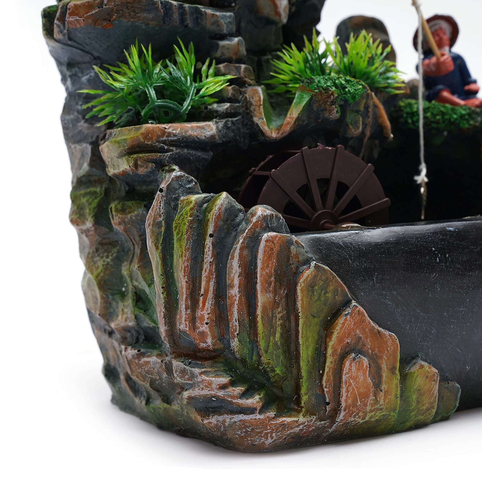 Fontanna stołowa Zen LED Wodospad Feng Shui Fontanna z żywicy Ogród Skalny Rybak Rybak Drzewo Pomysł Prezent do medytacji i relaksu - H 30 cm