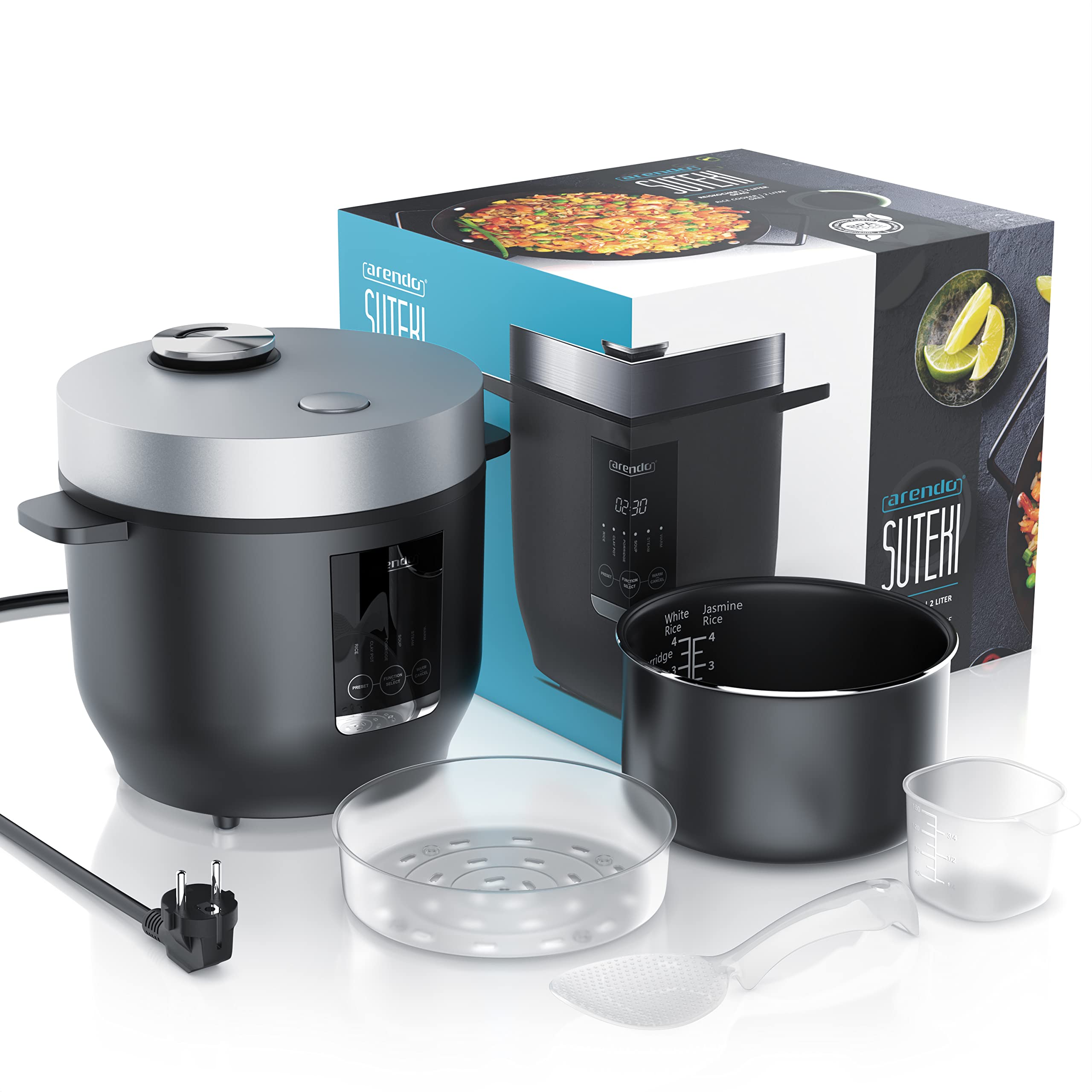 Arendo - digitaler Multikocher 2 Liter 350 Watt Multikocher mit Dampfgareinsatz und Messbecher, Reiskocher Multicooker – 5 Kochprogramme – Timer – antihaftbeschichtet – BPA-frei