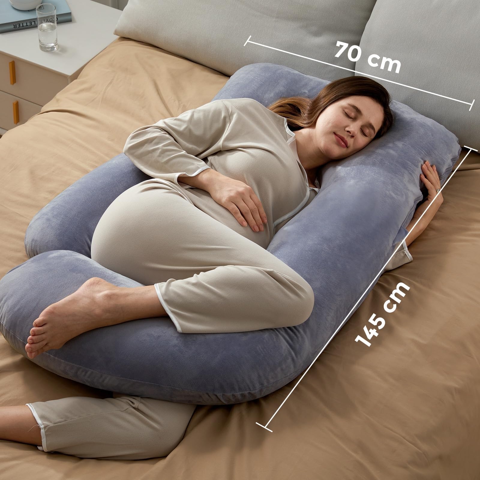 momcozy Coussin de Grossesse, en Velours Cristal, en Forme de U, pour Dormir sur Le côté, 145 cm, soulage Le Dos et Les Hanches