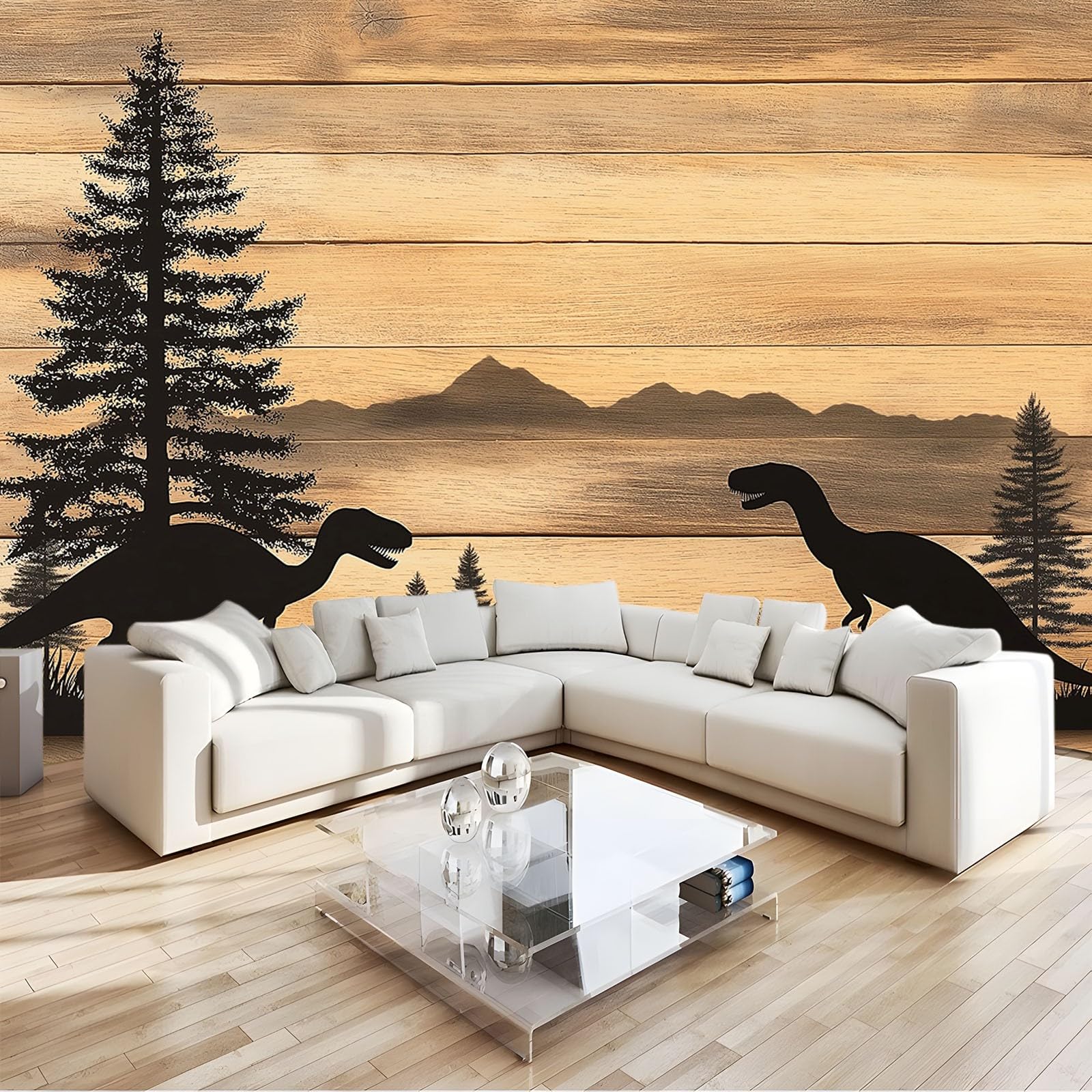 Fototapeta, sosna, dinozaur, drewniana deska, 350 x 256 cm, włóknina, fototapeta, duży plakat 3D, sypialnia, salon, sofa, tło telewizyjne, murale, tapeta