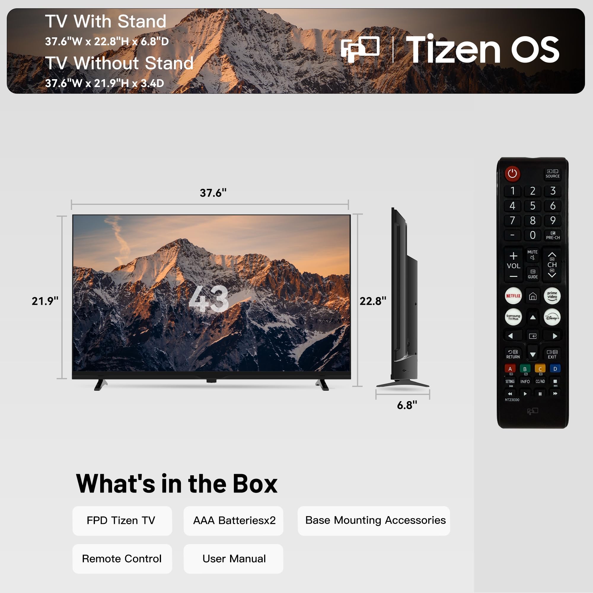 FPD 43 Inch Smart TV 1080P Full HD Powered by Tizen OS Compatible with Dolby Audio, HDR 10, HDMI, WiFi, Bluetooth, Flat Screen Television (AT43-P1, 2025)