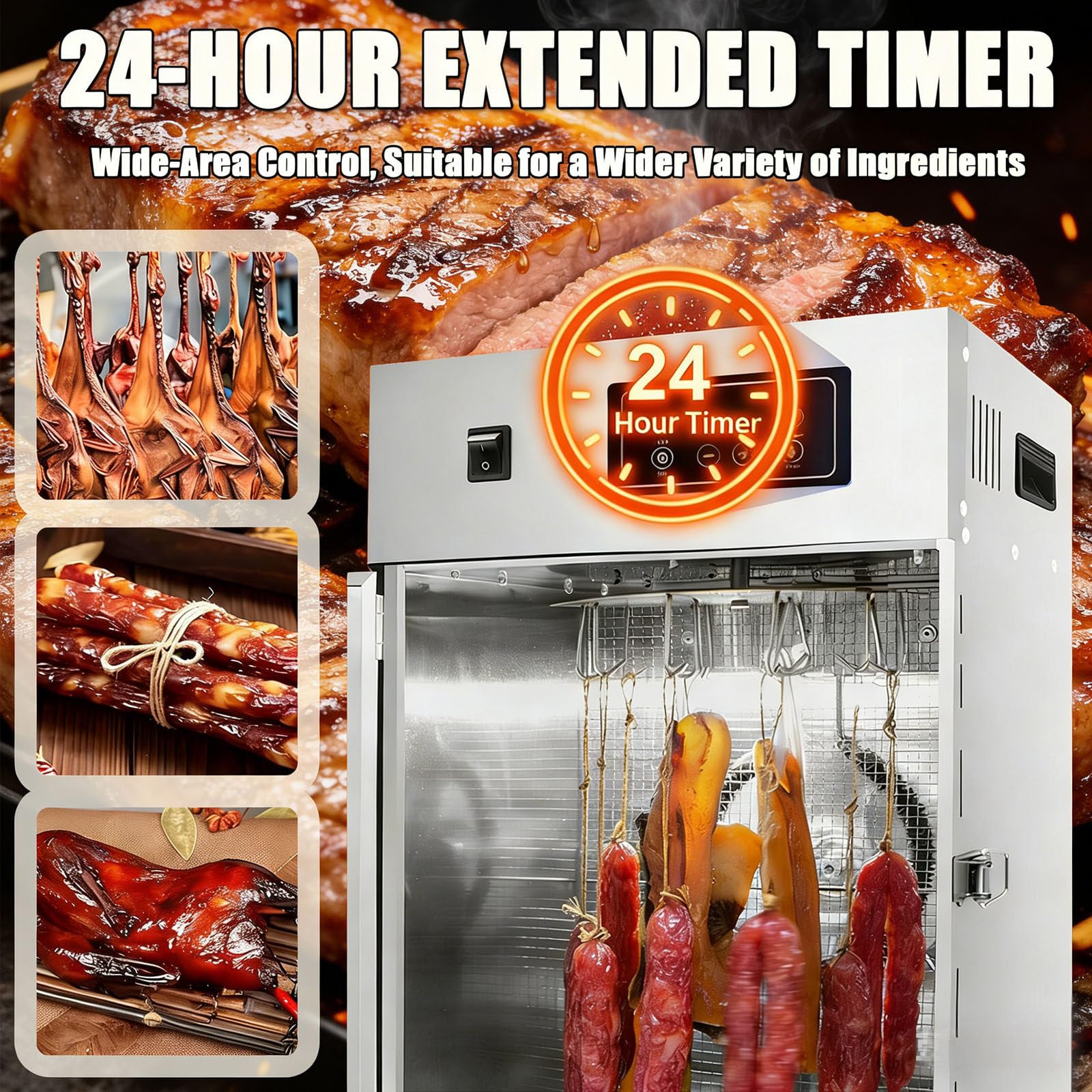 360° Drehbarer Fleischtrockner, Reifeschrank Für Fleisch, Mit 14 Haken, Temperaturregelung Von 30-90℃ / 24-Stunden-Timer, Edelstahl, Für Trockenfleisch, Speck, Würstchen