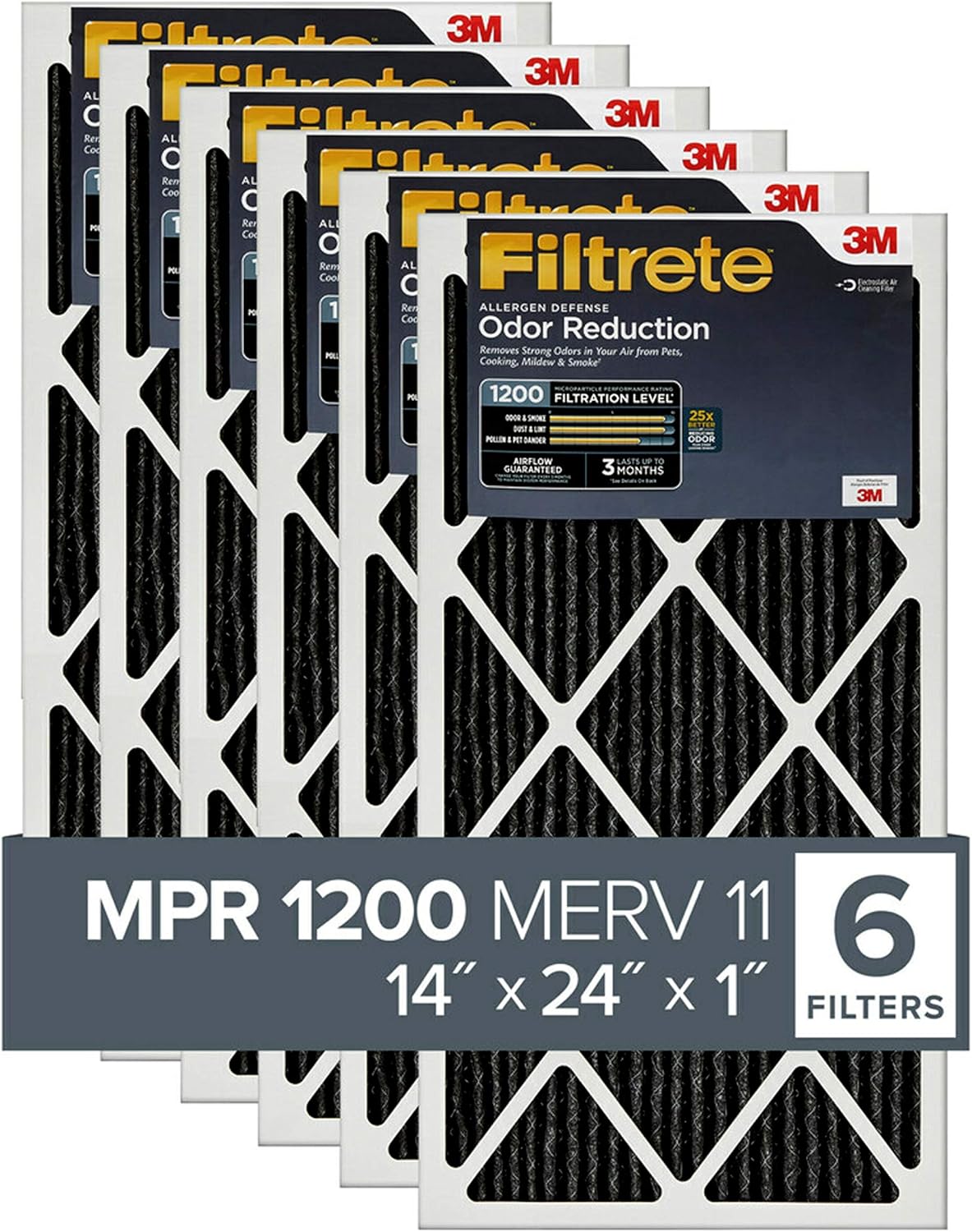 Filtrete 14x24x1 Air Filter, MPR 1200, MERV 11, Allergen Defense Odor Reduction 3-Month Pleated 1-Inch Air Filters, 6 Filters