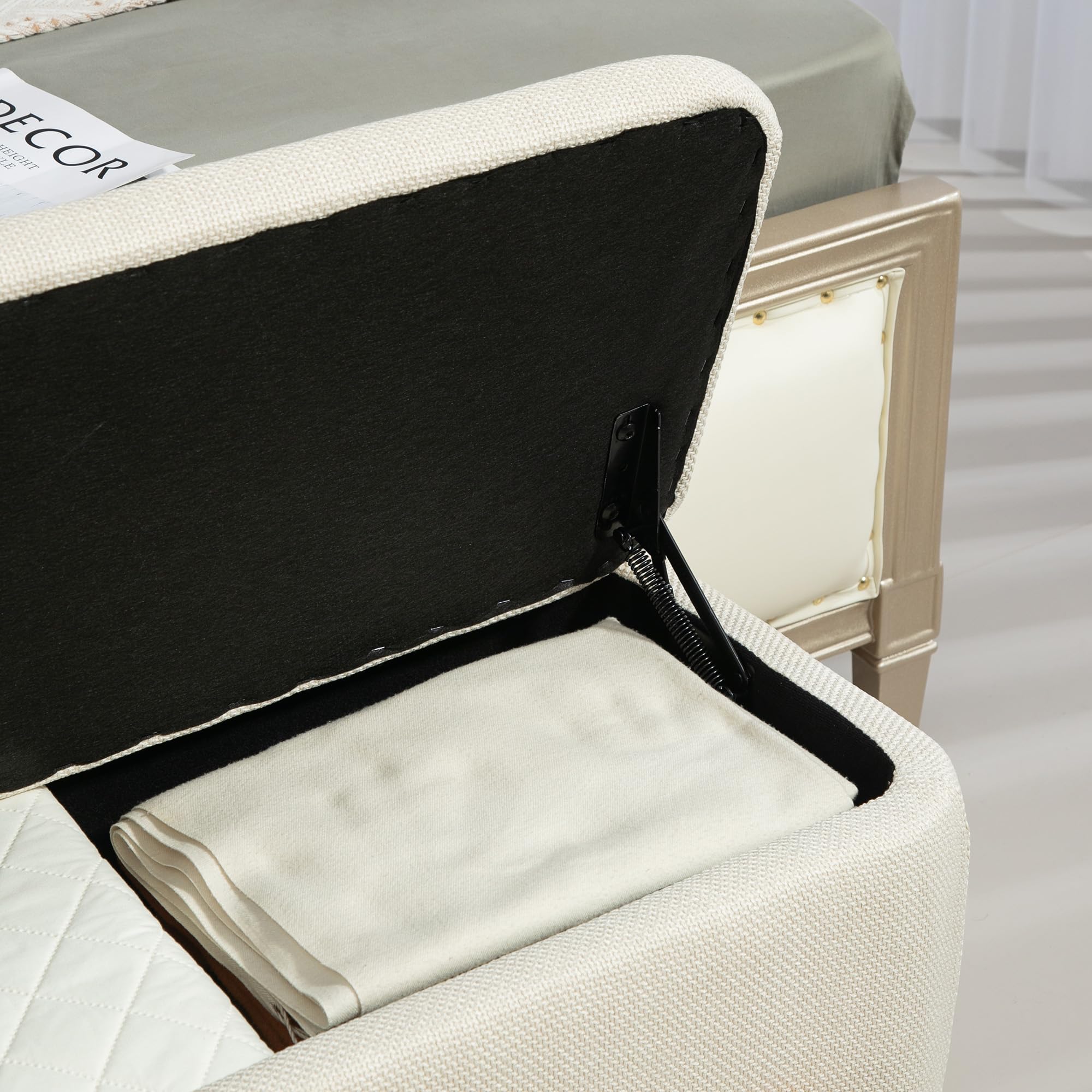 HOMCOM Panca con vano portaoggetti, panca imbottita effetto lino, cassapanca con cerniera di sicurezza, gambe in legno, per soggiorno, camera da letto, corridoio, 111 x 44 x 44,5 cm, bianco crema