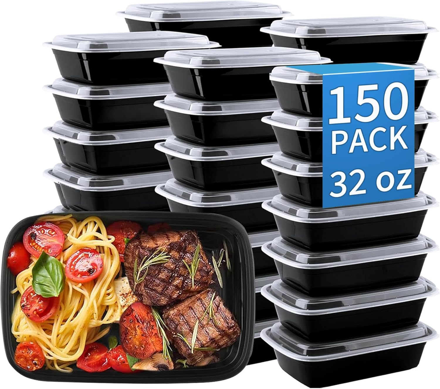 Meal Prep Containers, 150 Pack 32oz Disposable Take Out Food Storage Containers with Lids, Bulk Reusable Plastic To Go Lunch Boxes for Restaurant, BPA Free, Microwave/Dishwasher/Freezer Safe