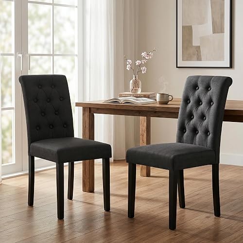 Set of 2 Upholstered Fabric Dining Chairs with Button-Tufted Details (Set of 2 Black)