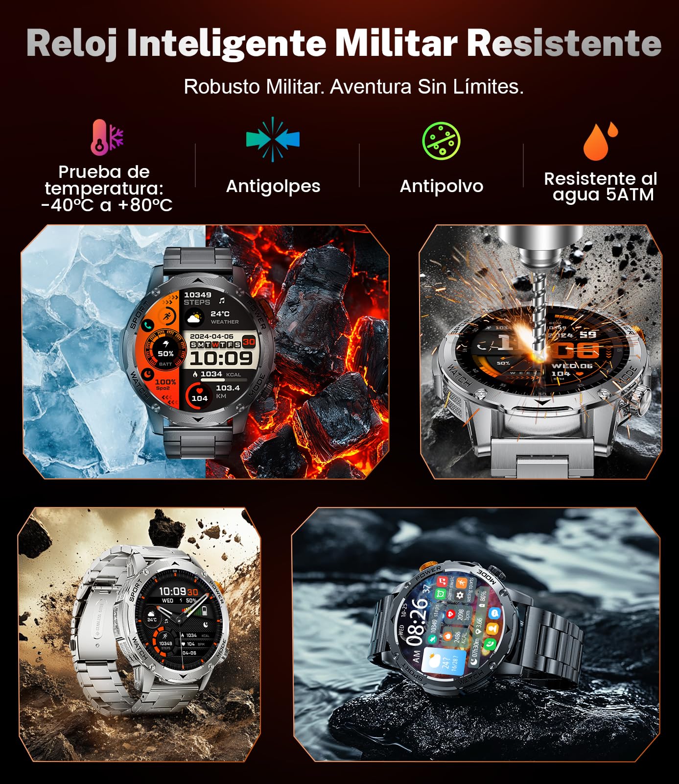 2025 Reloj Inteligente Hombre Militar 1000 mAh Batería/1,75'' HD Gran Display,Smartwatch Hombre con Linterna/Llamadas Bluetooth/130+ Modos Deporte/Frecuencia Cardíaca/Monitor de Sueño,para Android iOS