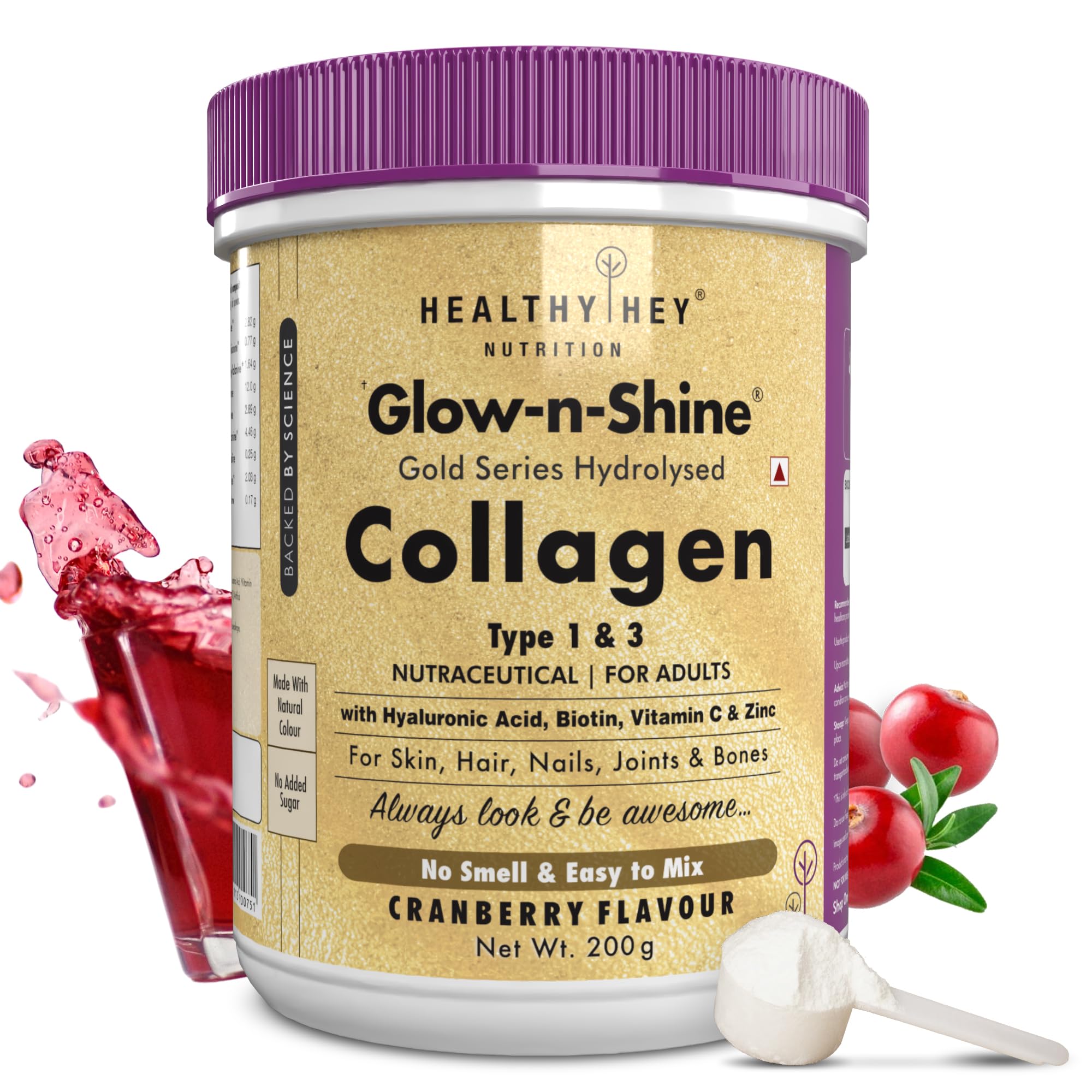 HealthyHey Skin Glow-n-Shine® Collagen Powder 200g | Hydrolysed Collagen for Women and Men with Hyaluronic Acid, Biotin and Vitamin C for Healthy Skin, Hair and Nails - (Cranberry, 200gm)