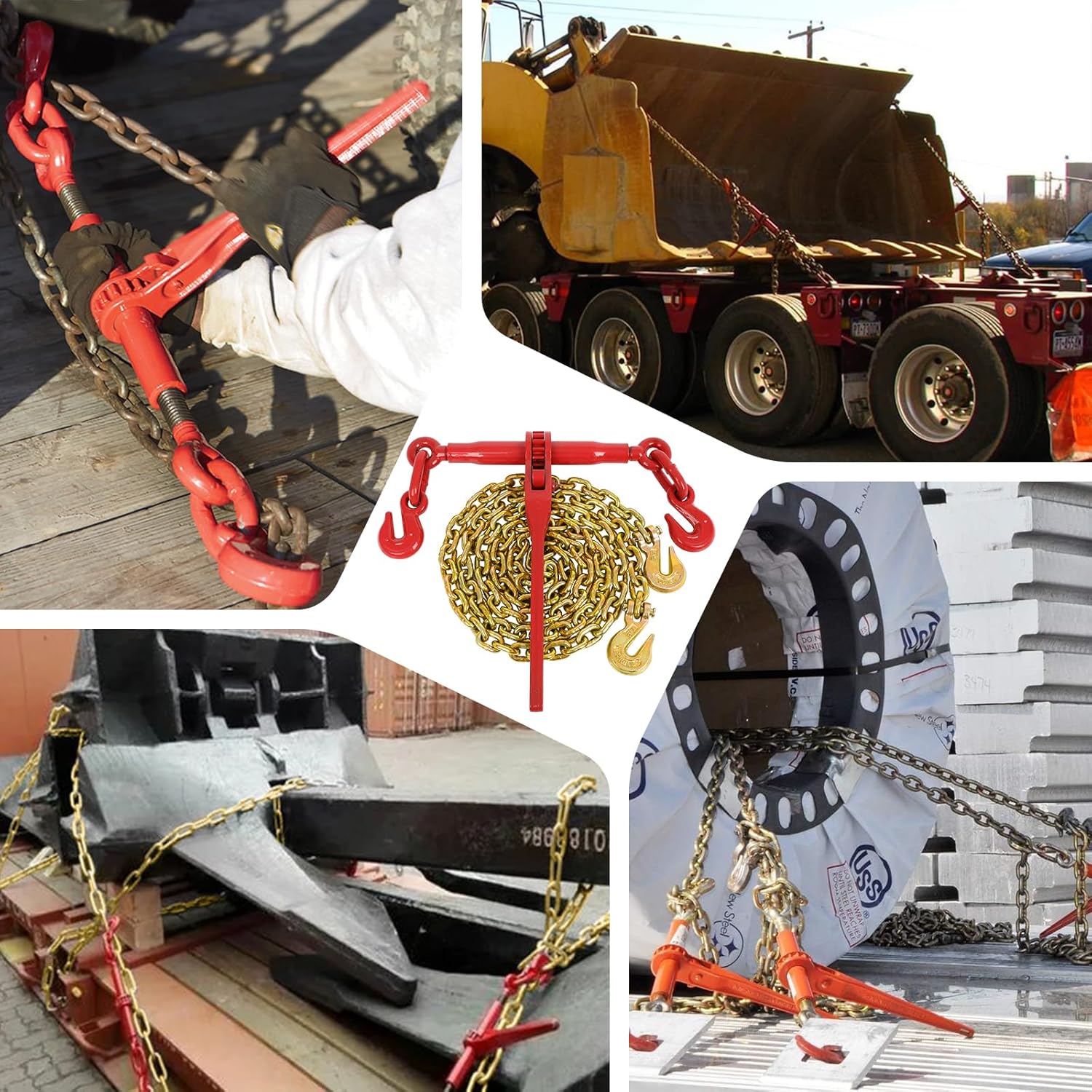 FAHKNS 5/16" to 3/8" Ratchet Chain Binder with 5400 lbs Safe Working Load 5/16'' X 10FT G80 Binder Chain，with Grappling G70 Hook, Tie Down Hauling Chain Binders for Flatbed Truck Trailer