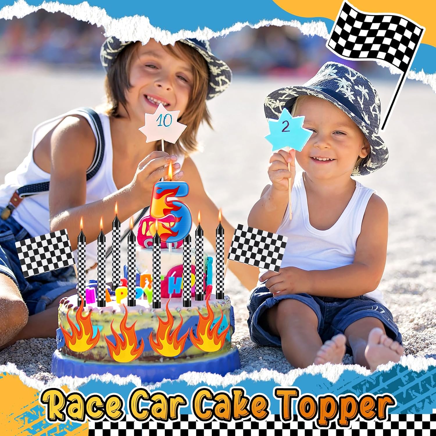 Conelist 15 Pcs Racing Car Birthday Number 5 Candle， Checkered Cake Toppers