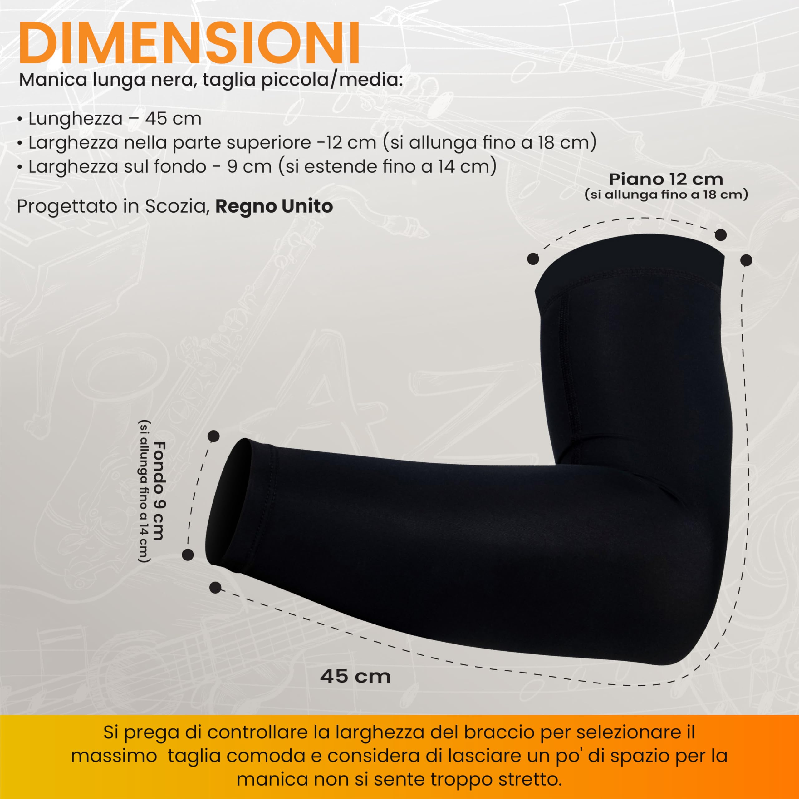 Manica da Braccio Nera per chitarristi, Manica da Braccio per Chitarra Classica, Chitarra elettrica, Chitarra Acustica, chitarristi Classici e chitarristi Flamenco Taglia piccola/media