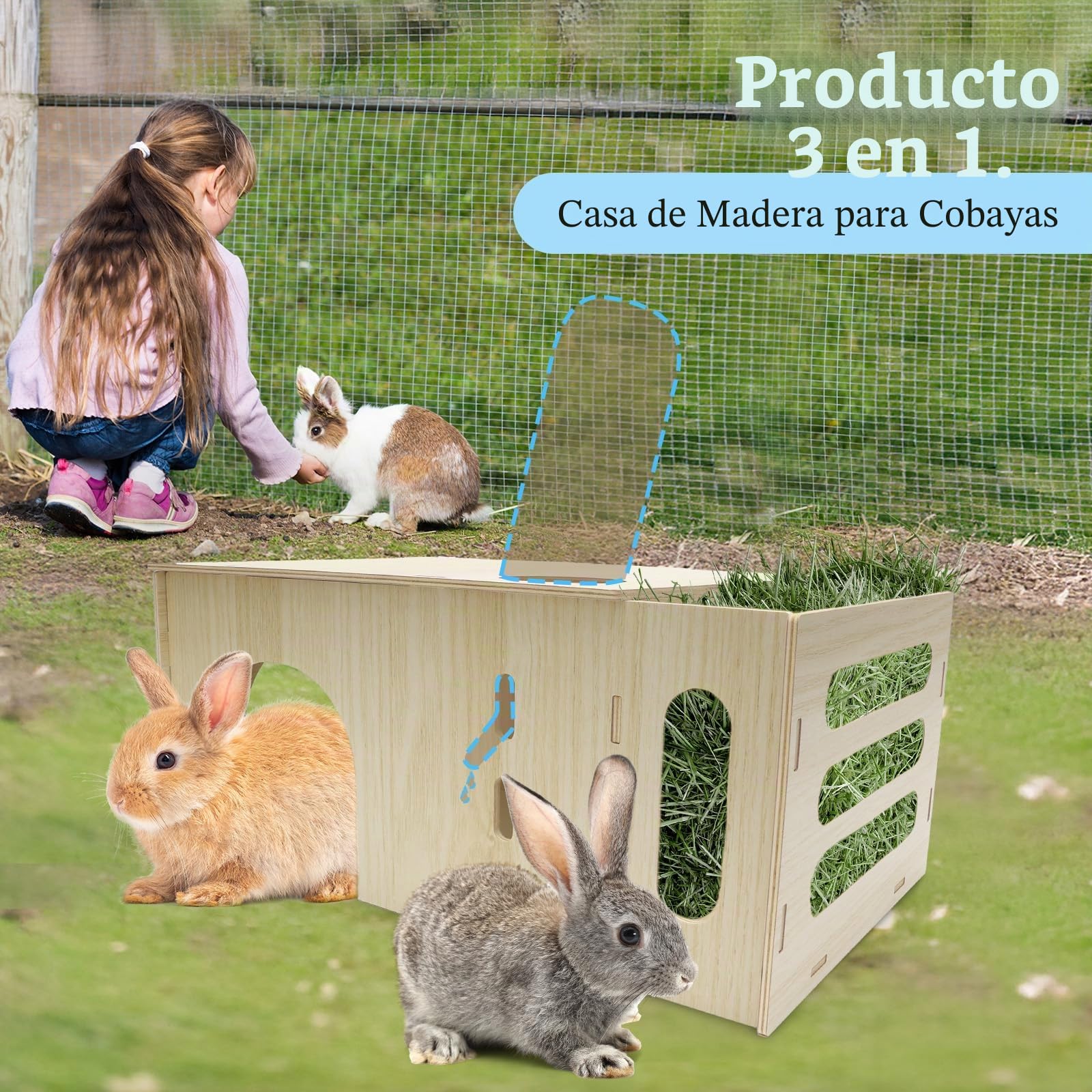 3 en 1 Comedero para cobayas, Accesorios de Madera con comedero, portabotellas y casita de Juegos, 40 x 17 x 24 cm, para Animales pequeños como Conejos Enanos, hámsteres, Ardillas y erizos